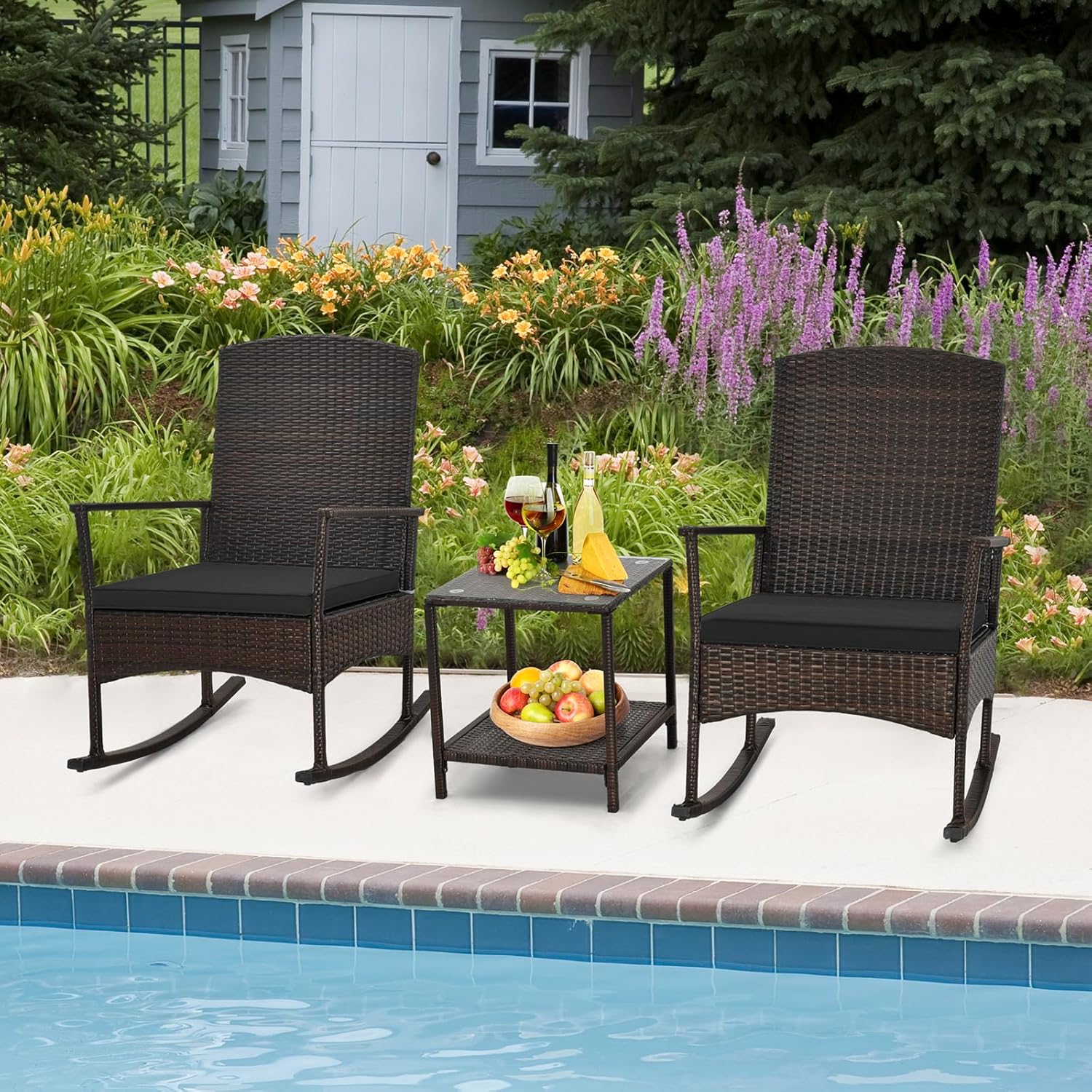 HAPPYGRILL 3 Pieces Rocking Bistro Set, Patio Wicker Rocking Chairs with 2-Tier Coffee Table, Rattan Rocker Set with Comfy Cushions, Patio Rocking Conversation Furniture for Backyard, Porch, Poolside