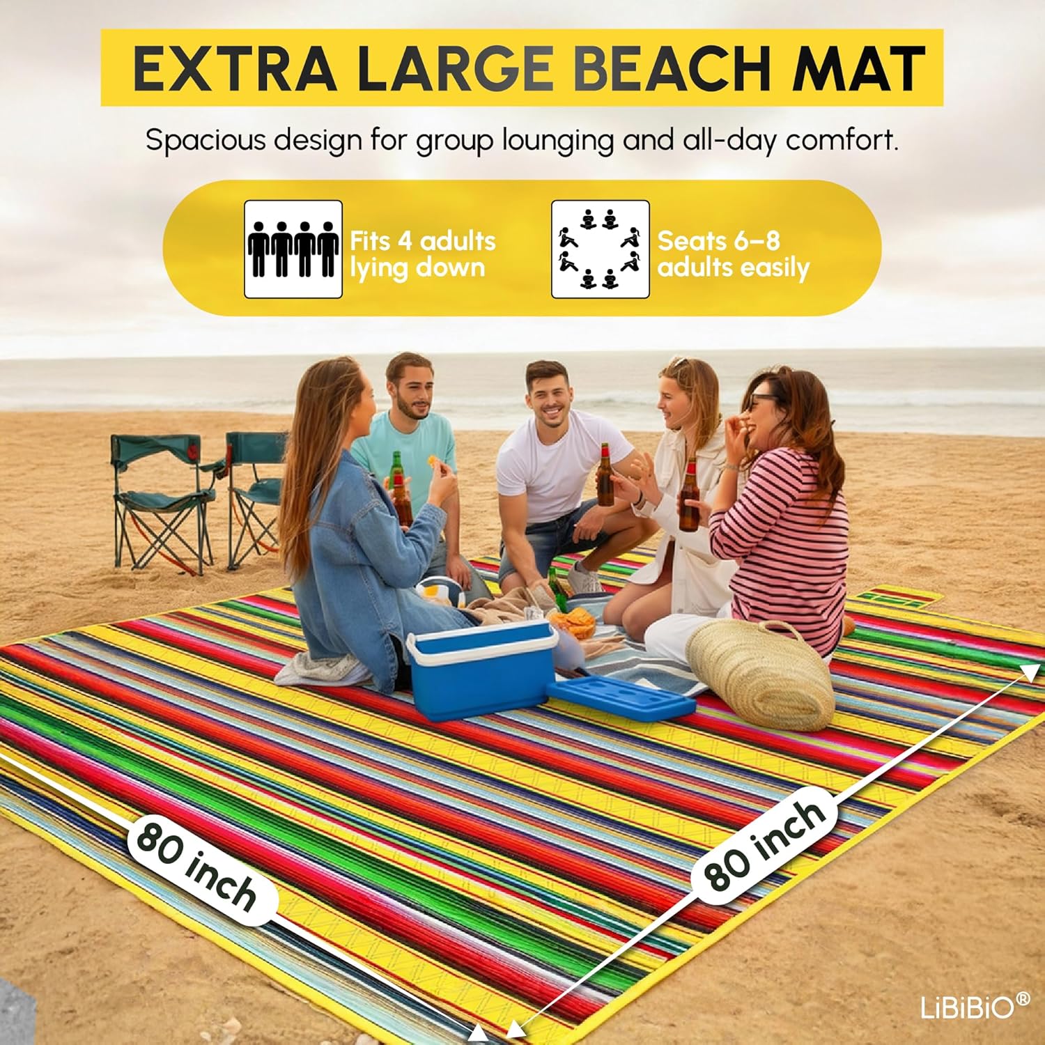 Mexican Serape Beach Blanket XL 80"x80" – Bold Colorful Stripes – Zip Security Pocket – Sandproof Waterproof Picnic Mat for Beach, Camping, Park, Festivals – Fits 4–6 Adults