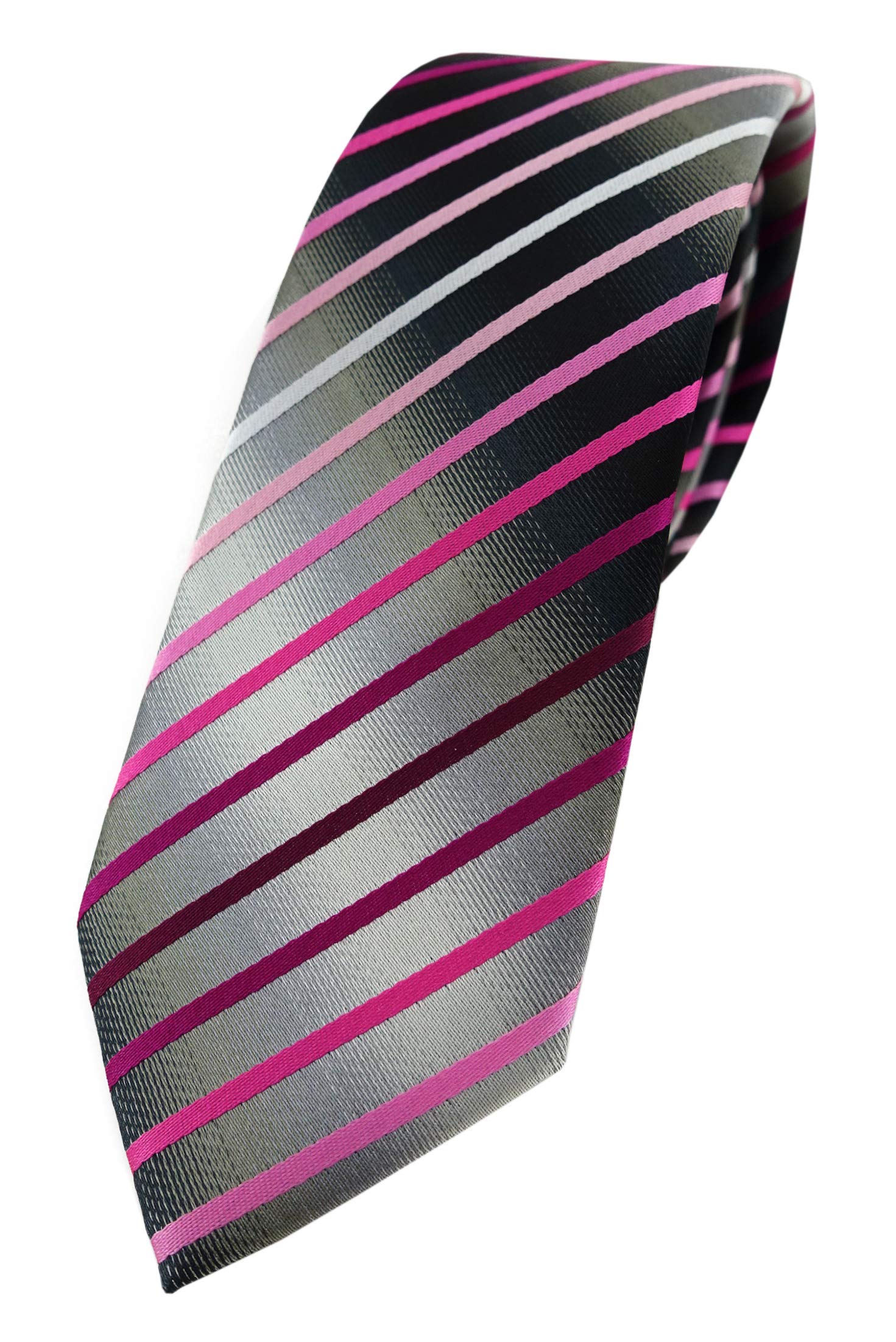 TigerTie Slim Designer Tie in Striped Patterned - Tie Binder Tie, Pink, magenta, pink, white, silver grey, black, Größe: ca. Länge 150 cm, Breite 6 cm