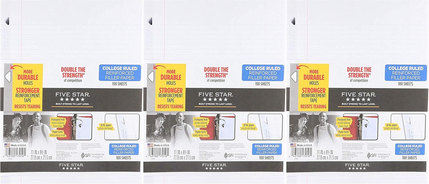 Five Star Filler Paper, College Ruled, Reinforced, Loose Leaf Paper, 11 x 8.5", 100 Sheets/Pack Pack Of 3, 17010 : Office Products