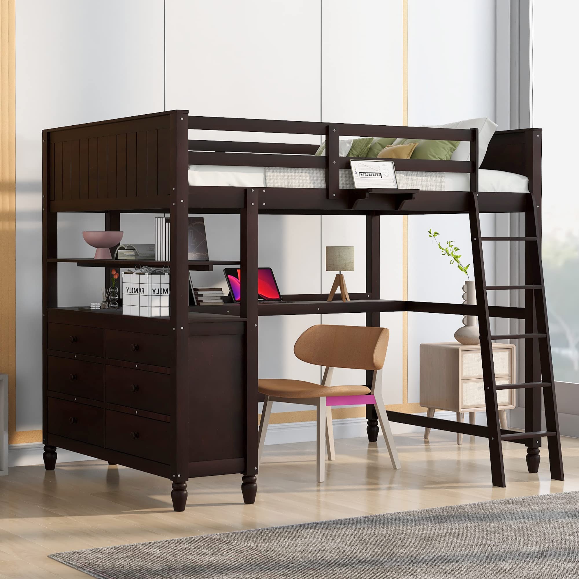 Merax Multi-Functional Full Loft Bed with Built-in Desk/6 Storage Drawers/Shelf, Full Size Wooden Loft Bed with Ladder and Guardrails, Espresso Box 1/2 only