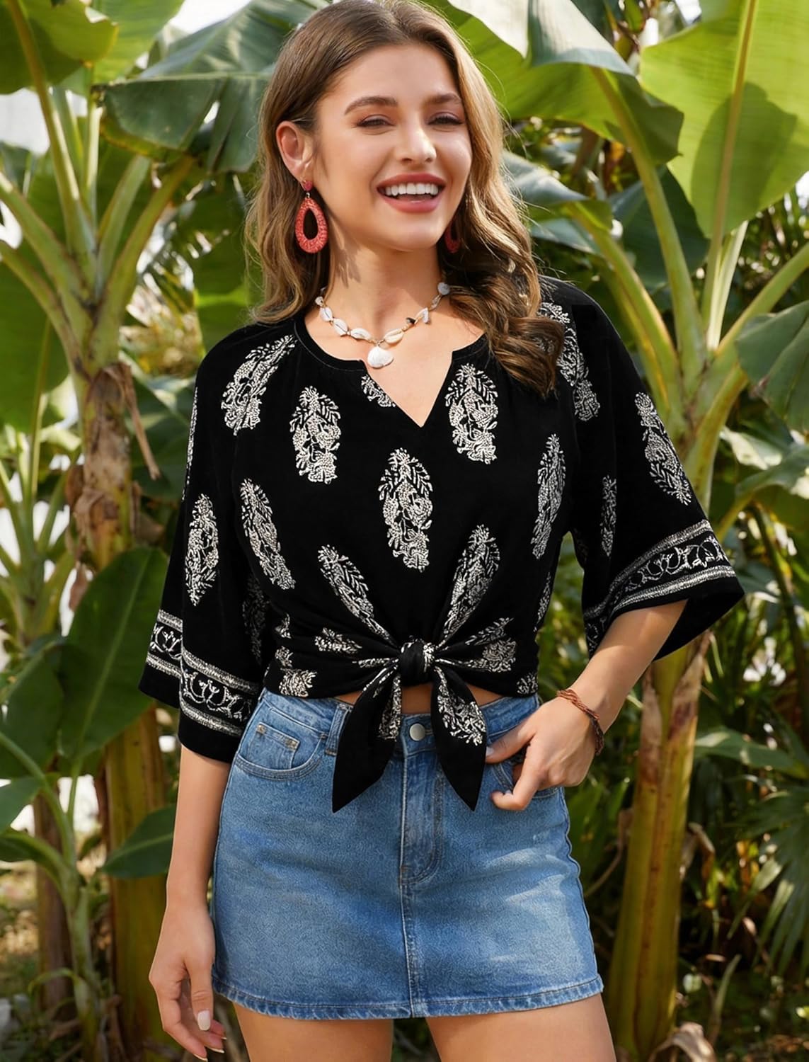 Womens 3/4 Length Sleeve Boho Tops V Neck Short Sleeves Bohemian Blouses Cute Pleated Loose Fit Dressy Tunic Shirts - Image 5