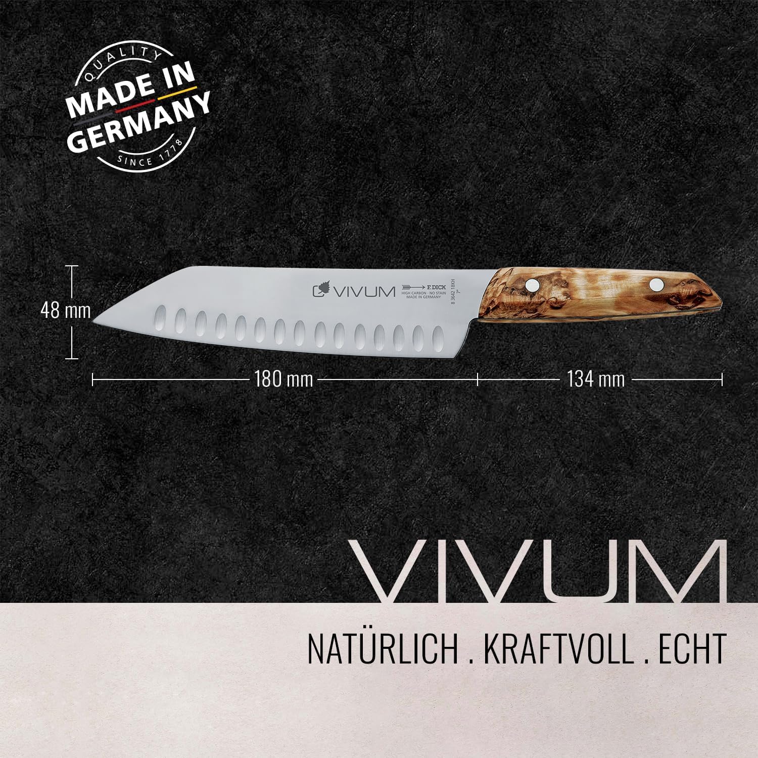 F. DICK Santoku VIVUM 18 cm - rostfrei, Klinge extra scharf, 58 HRC, Kullenschliff Kochmesser Birkenholz Designgriff komfortabel - Spezialstahl Küchenmesser - Profi Messer Made in Germany - 83642182KH