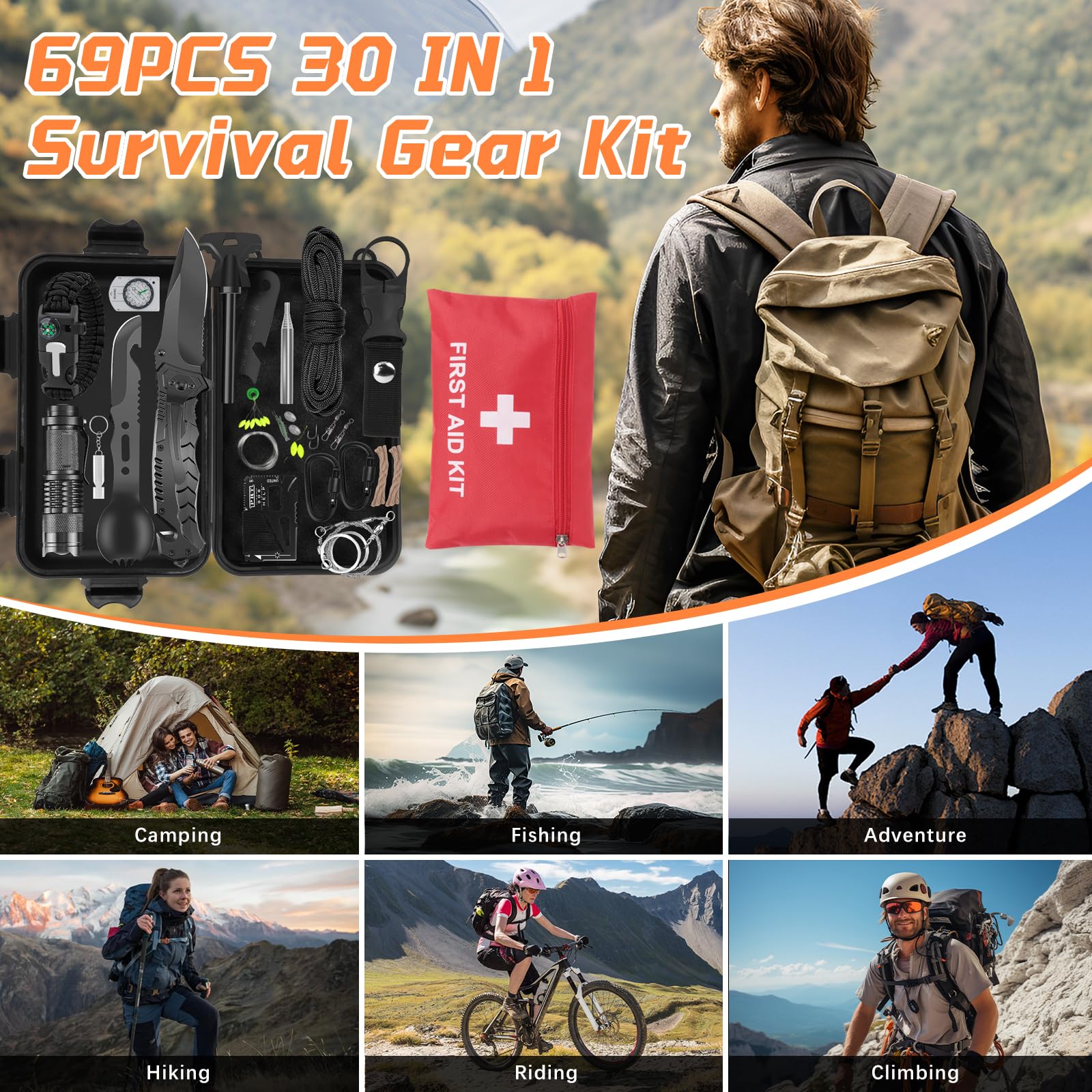 71 in 1 Außen Notfall Survival Kit mit Erste Hilfe Set,Survival Ausrüstung mit Erste Hilfe Set,Multi-Tool Axt,Klappspaten,Rettungsdecke Kompass,Geschenke für Männer Camping/Abenteuer/Wandern im Freien