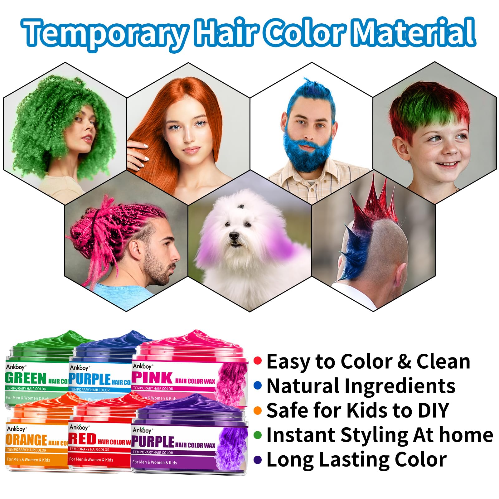 ANKOOY Wosk do włosów, tymczasowy, naturalny kolor włosów dla mężczyzn, kobiet, dzieci, na co dzień, na imprezę, Cosplay, Halloween DIY (zielony, pomarańczowy, różowy, fioletowy, czerwony, niebieski