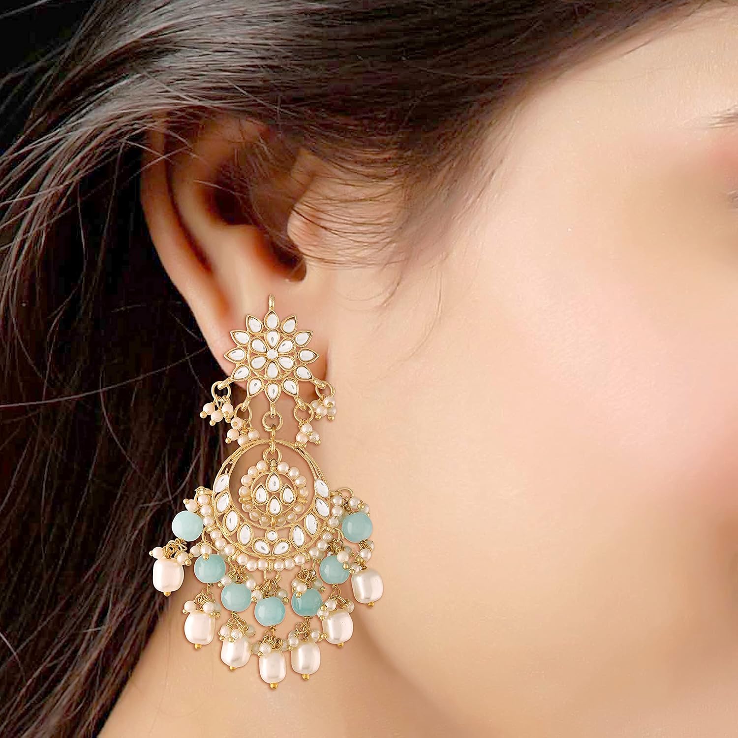 I Jewels Gold Plated Indian Wedding Bollywood Kundan & Pearl Chandbali Earrings for Women