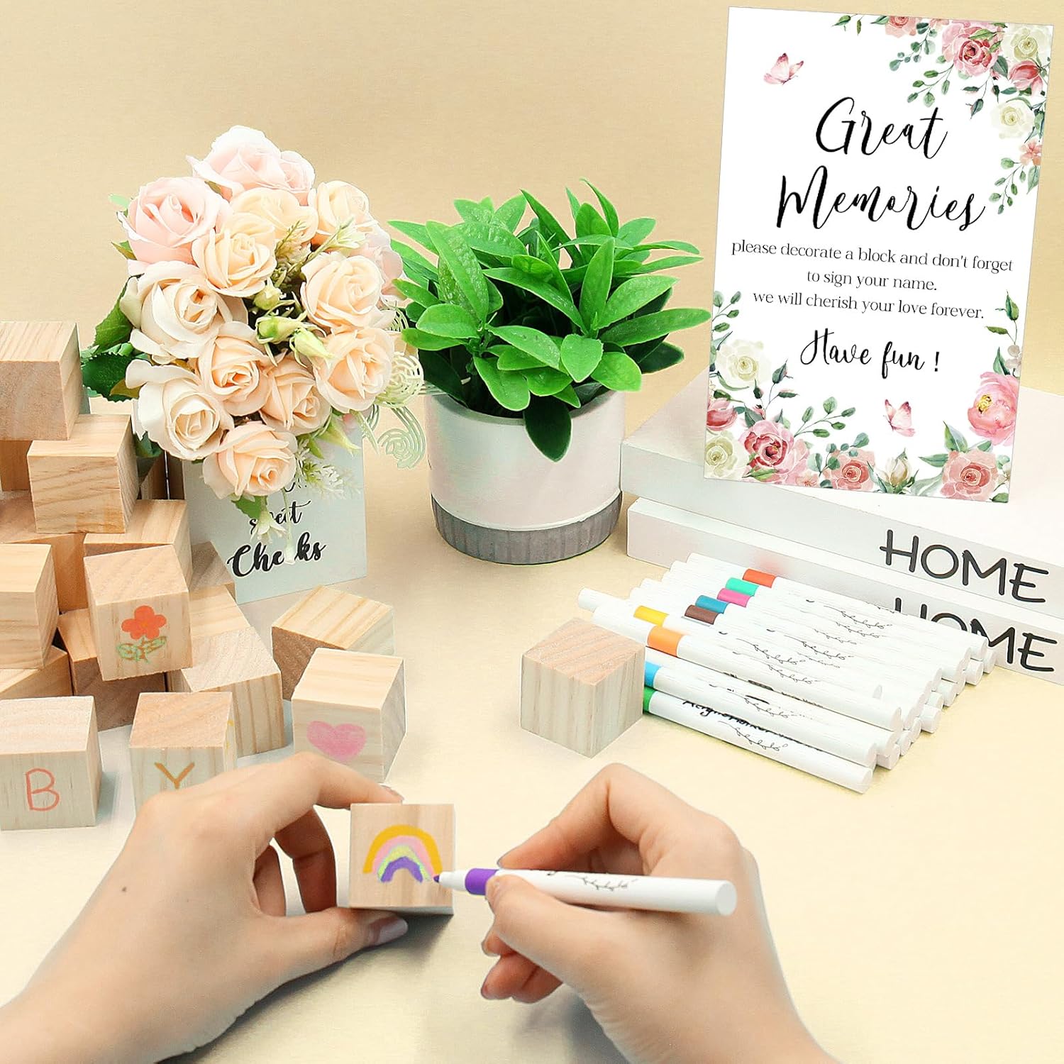 97 Pcs Flower Baby Shower Games Sign Kit, Flower Theme Party Decoration, Including Game Sign DIY Blank Wooden Block Pen to Draw Your Idea for Flower Baby Shower Party Game Gender Reveal Party
