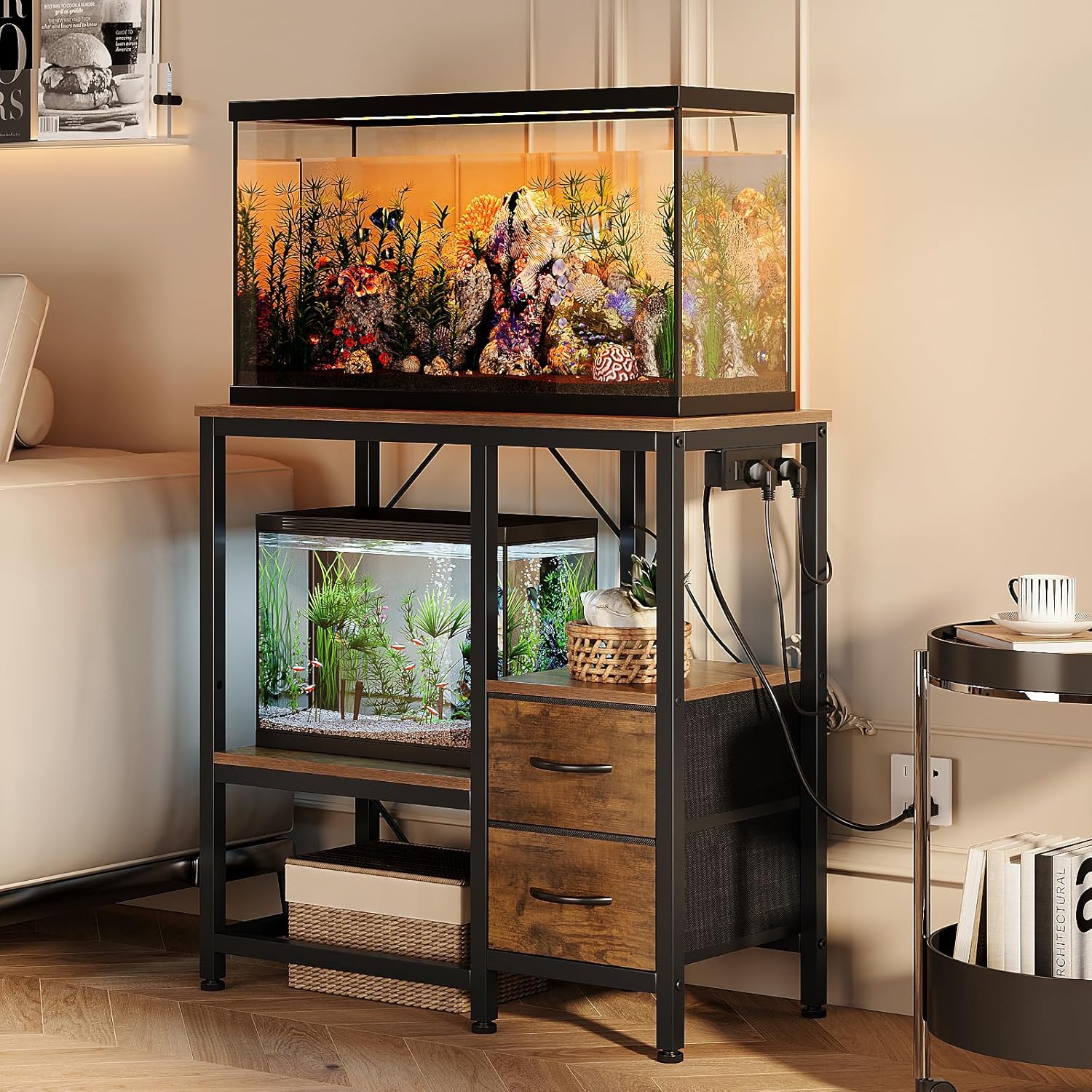 20-29 Gallon Fish Tank Stand with Power Outlet Vintage Metal Aquarium Stand with 2 Fabric Drawers Heavy Duty Reptile Tank Stand with 3-Tier Adjustable Storage Shelves, Left-Right Mounting