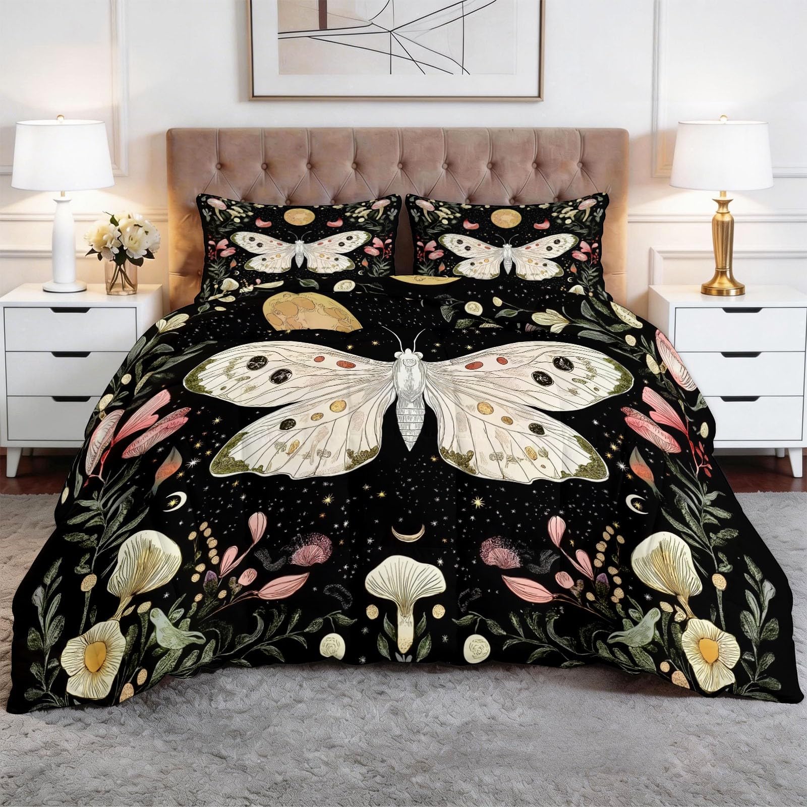 Couette 160x200 cm sans housse imprimée noire avec 2 taies d'oreiller