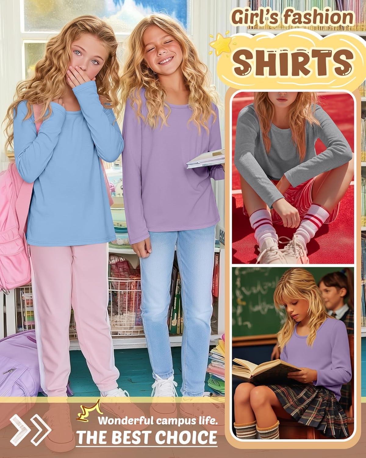 3 Pack Girls Long Sleeve Shirts Kids Cotton Scoop Neck Casual Tops Loose Soft Layering Basic Tees 5-14 Years Teens - Image 2