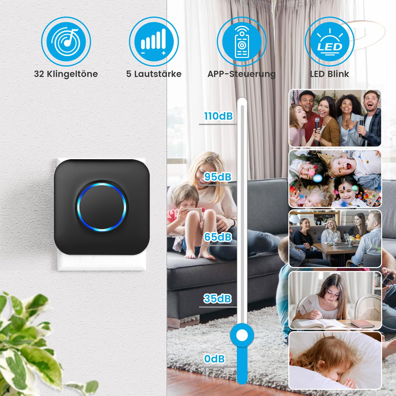 WIFI Türklingel Funk, Funkklingel Aussen Wasserdicht Kompatibel mit Smartphone App, 0-110dB Laute Klingel Haustür mit 32 Melodien, Doorbell mit Fernbenachrichtigung, Haustürklingel mit LED-Blitz