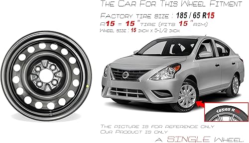 Miniatura 2 de Rueda de acero individual de 15 pulgadas y 15 x 5.5 pulgadas para Nissan Versa 2013-2019 | Llanta de repuesto de diseño OEM | Acabado negro | Ajuste