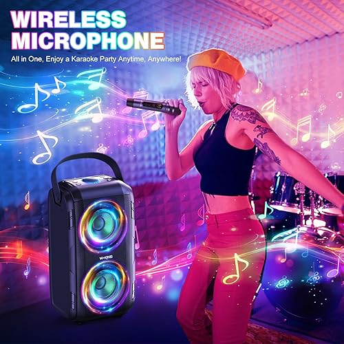 Miniatura 3 de W-KING Altavoz Bluetooth de 80 W con micrófono inalámbrico, altavoz Bluetooth portátil para fiesta, 2 controladores de rango completograves