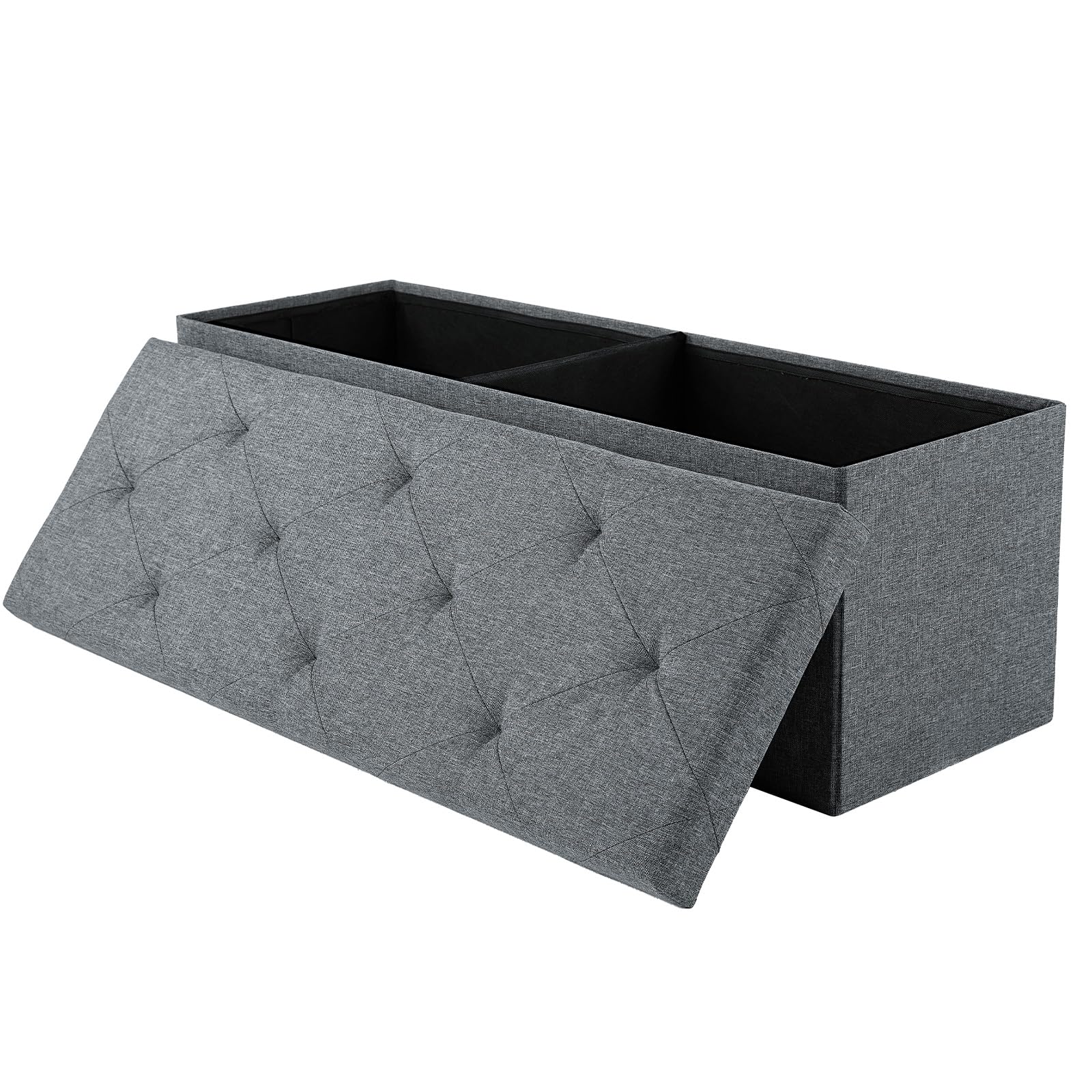 Sweetcrispy Foldable Storage Ottoman Bench, 43in Storage Chest, End of Bed Foot Rest Stool with Padded Seat, Bedroom Bench for Living Room, Support 660lbs, Grey