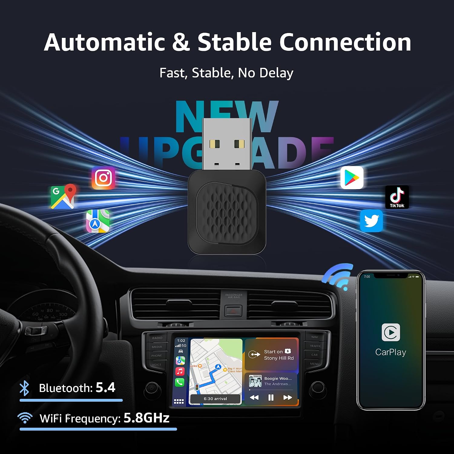 Wireless CarPlay Adapter, Smallest Mini Edition, Converts Wired to Wireless CarPlay, Plug & Play Adapter, Compact Design for Apple iPhone iOS 10+ with USB/USB-C Port