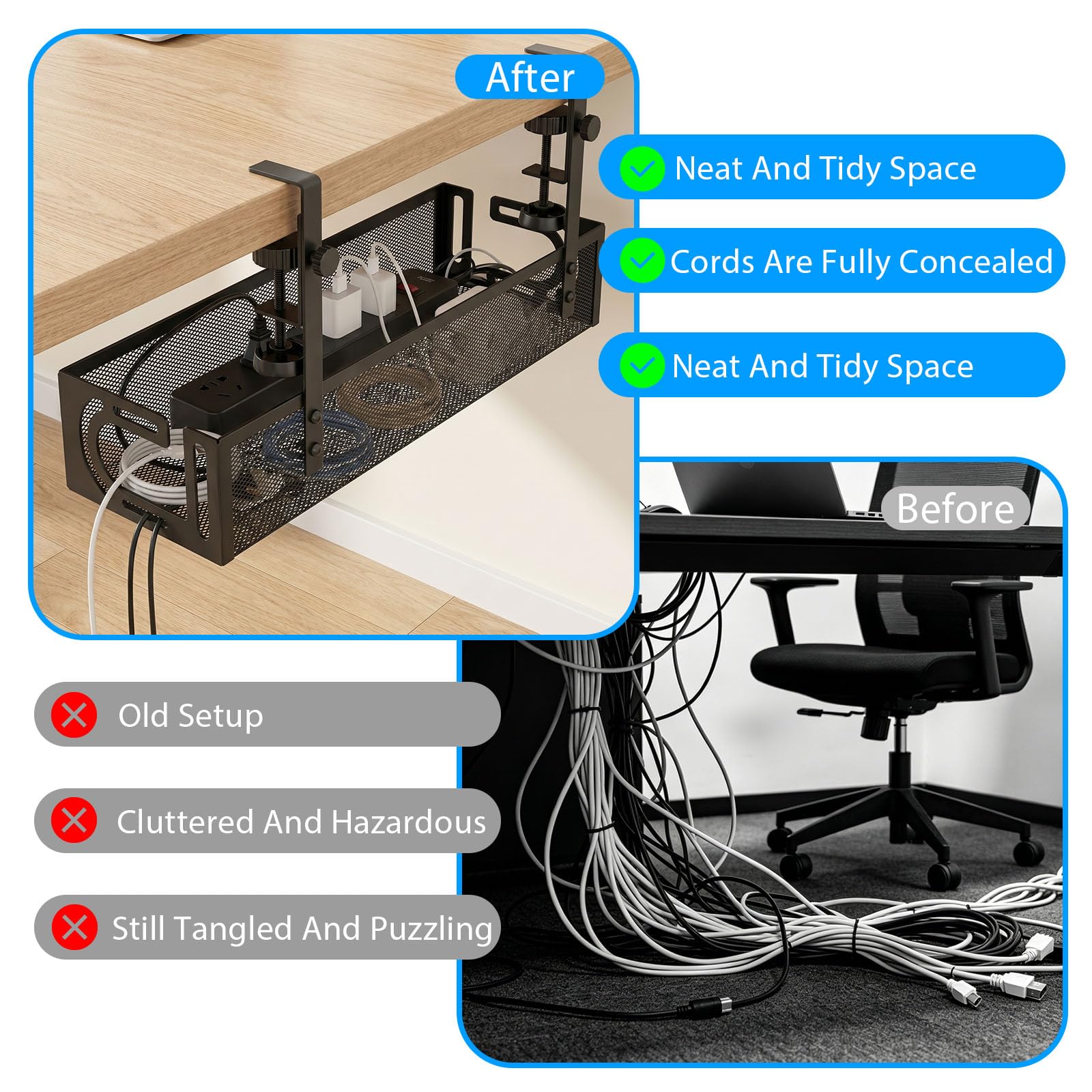 Bandeja Organizador de Cables para Escritorio, sin Taladro, con Abrazadera, Bandeja Metálica Gestión Cables, no Daña la Mesa, Organizador de Cable para Hogar y Oficina