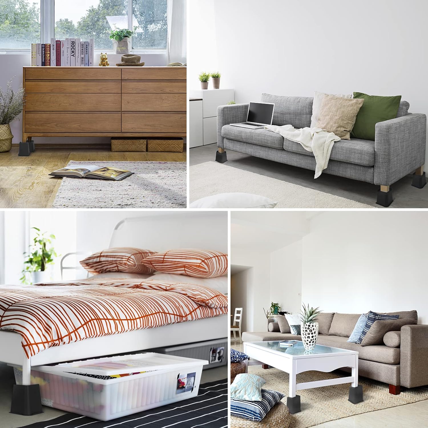 Affogato Bed Risers, 4 Pack 6 Inch Heavy Duty Furniture Risers, Table Leg Extenders, Bed Lifts Fits to Bed, Chair, Desk, Cabinet, Sofa, Couch, Tables, Support up to 5000 Lbs (Black)