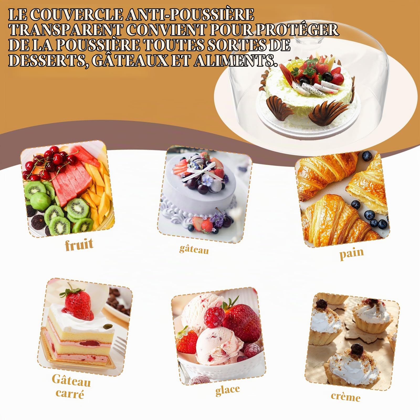 Couvercle dôme en verre de 28 cm pour présentoir à gâteau – Couvercle dôme en verre pour présentation et protection, convient pour la cuisine, les anniversaires et les présentoirs de nourriture