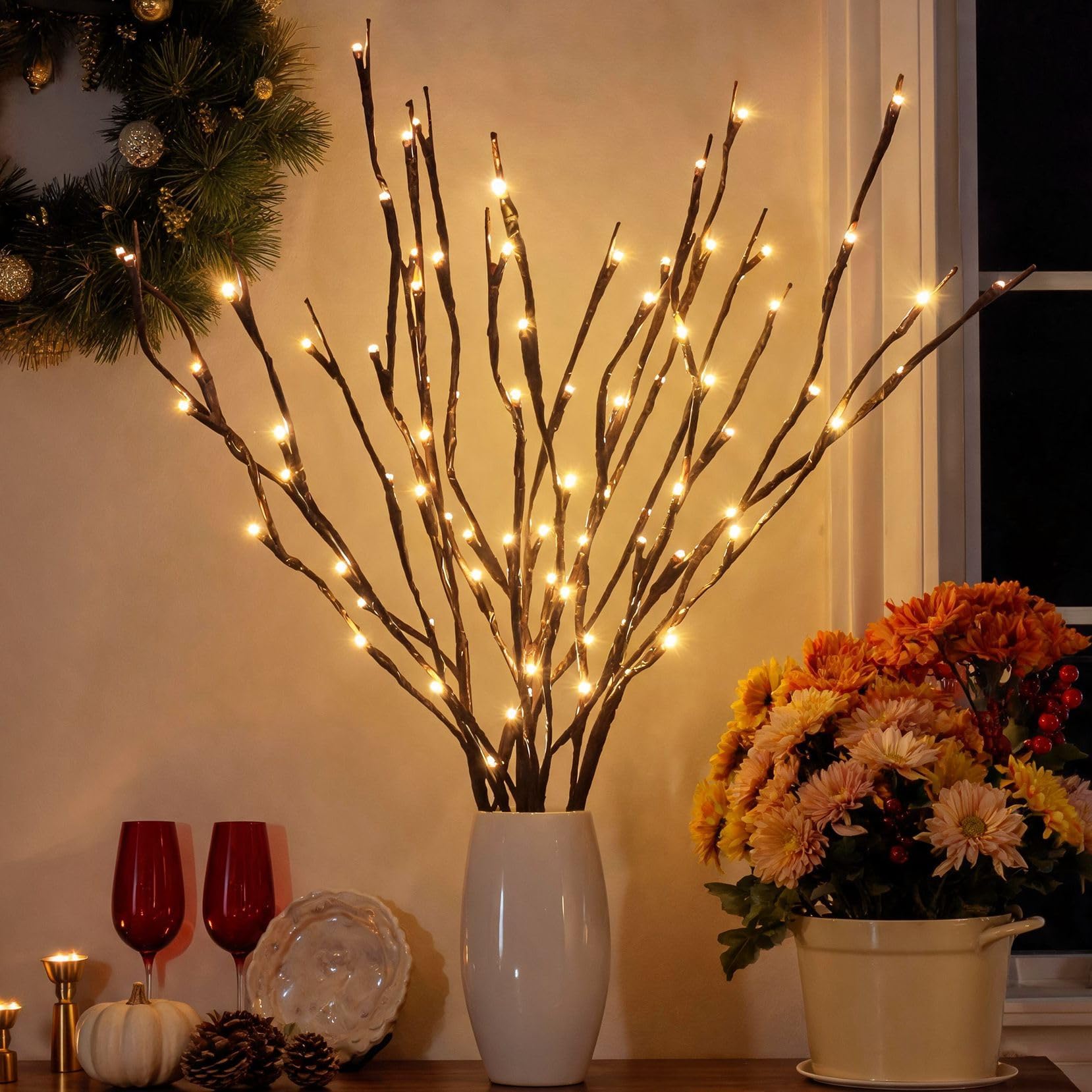 AMARS 2 Pack Decorative LED Lighted Branch Lights Battery Operated Artificial LED Twig Branches Decoration for Home Room Decor Christmas Vase (Warm White, 29.5 Inches, 20leds)