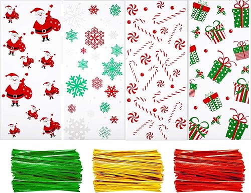 Boao 100 bolsas de cono de Navidad de 4.9 x 10.8 in, bolsas transparentes para dulces, bolsas de conos de celofán con lazos para suministros de