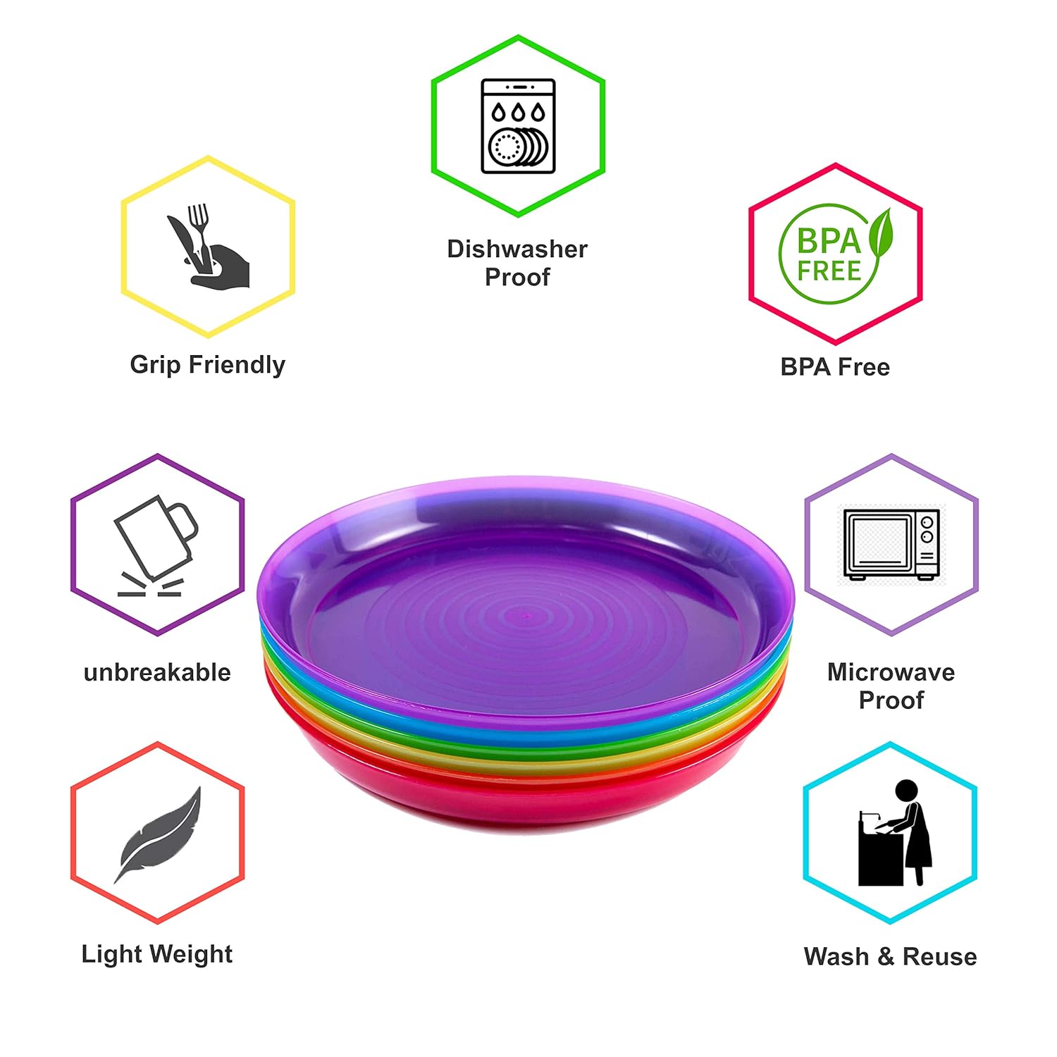 Kids Plastic Dinnerware Set of 24 Multi Color Plates - Reusable, BPA-Free, Dishwasher Safe and Microwaveable