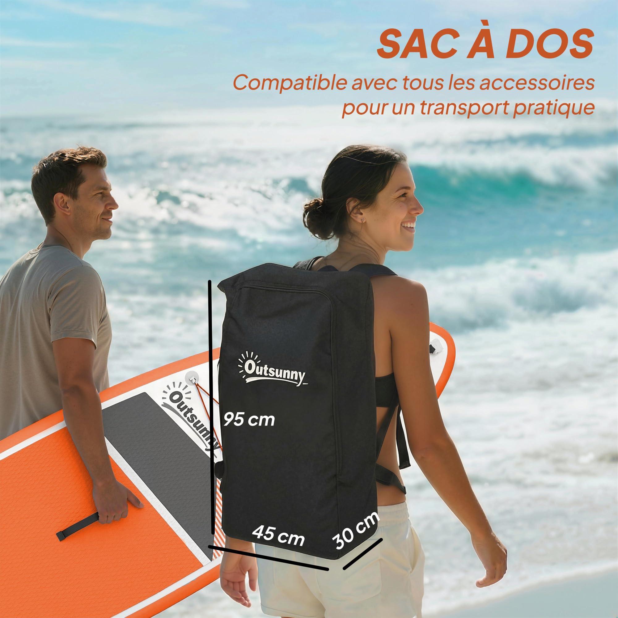 Outsunny Stand Up Paddle Gonflable 320x82cm - Planche de Sup Adulte Complet avec Pagaie Réglable, Pompe et Sac - Paddle Gonflable Stable 160kg pour Débutant et Famille, Orange et Gris