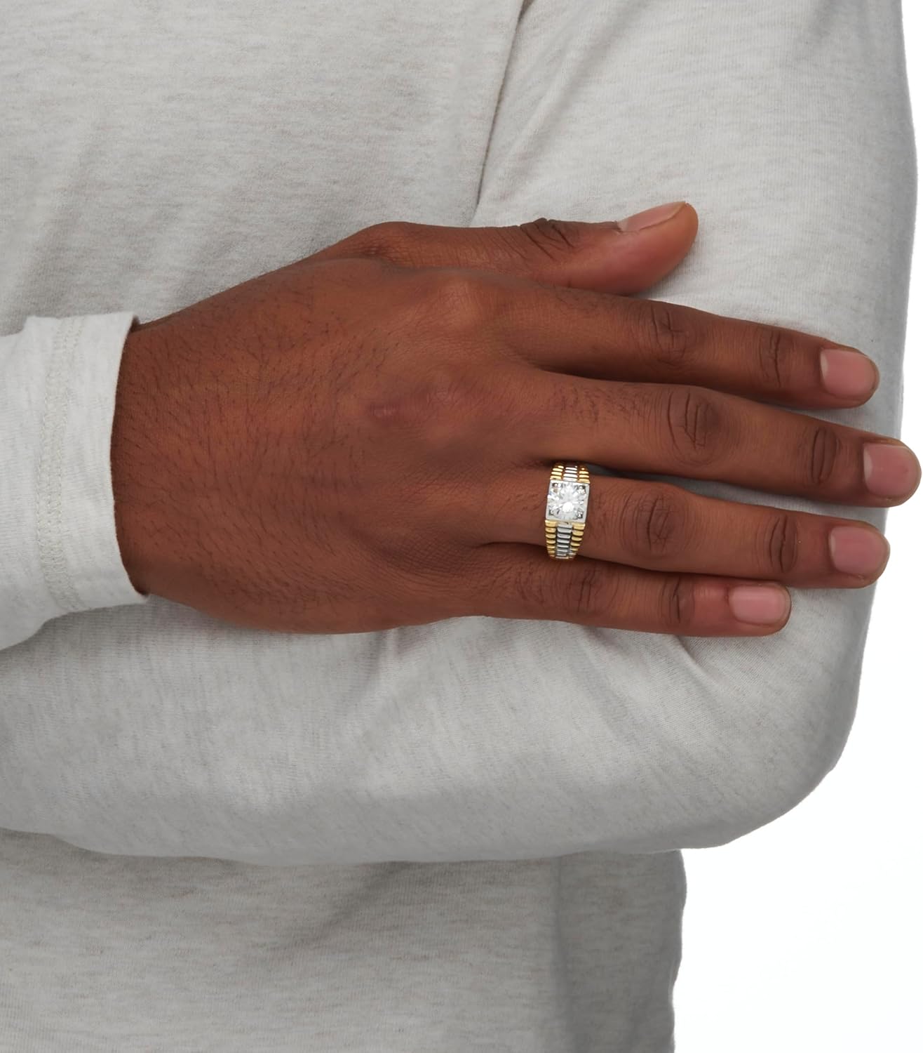 PalmBeach Men's Yellow Gold-plated Round Cubic Zirconia Two Tone Textured Ring Sizes 8-16