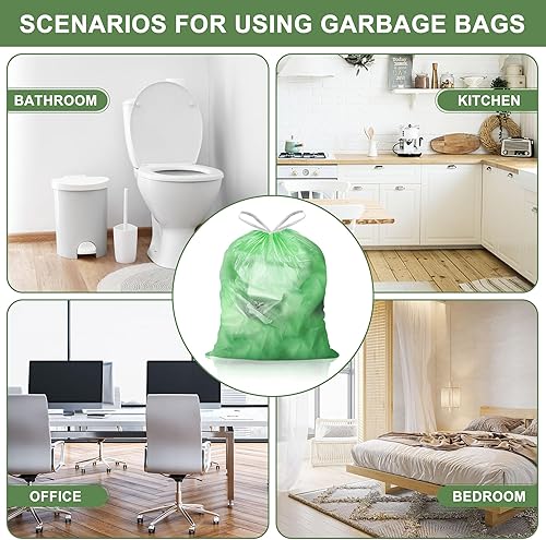 Miniatura 7 de Bolsas de basura de 4 galones con cordón, 100 unidades, bolsa de basura pequeña y fuerte, sin perfume, para baño, oficina, cocina, color verde