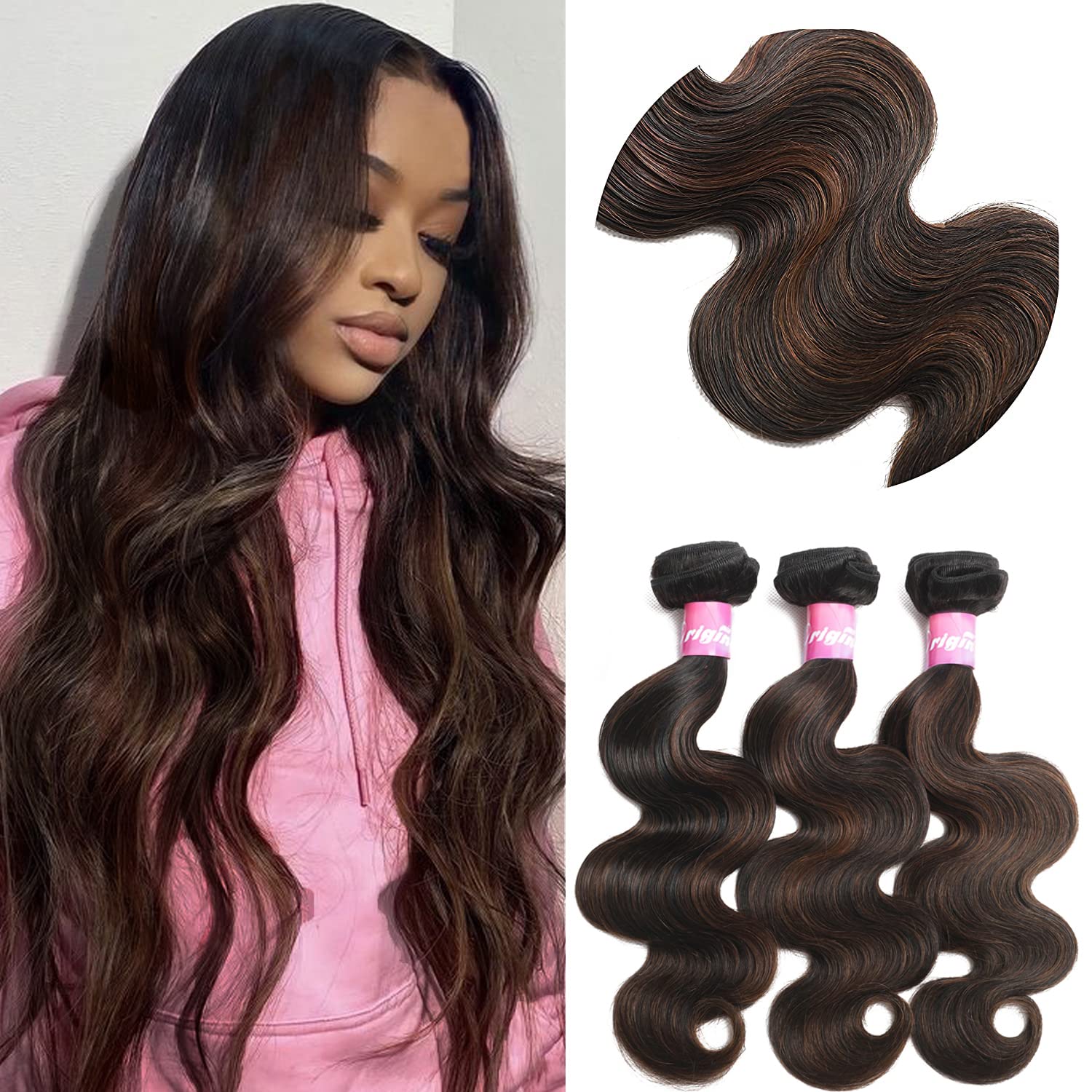 Human Hair Bundles Highlight Brown Body Wave 10A Brazilian Virgin Hair  Weave Bundles Ombre Body Wave Human Hair Remy Hair Extensions By