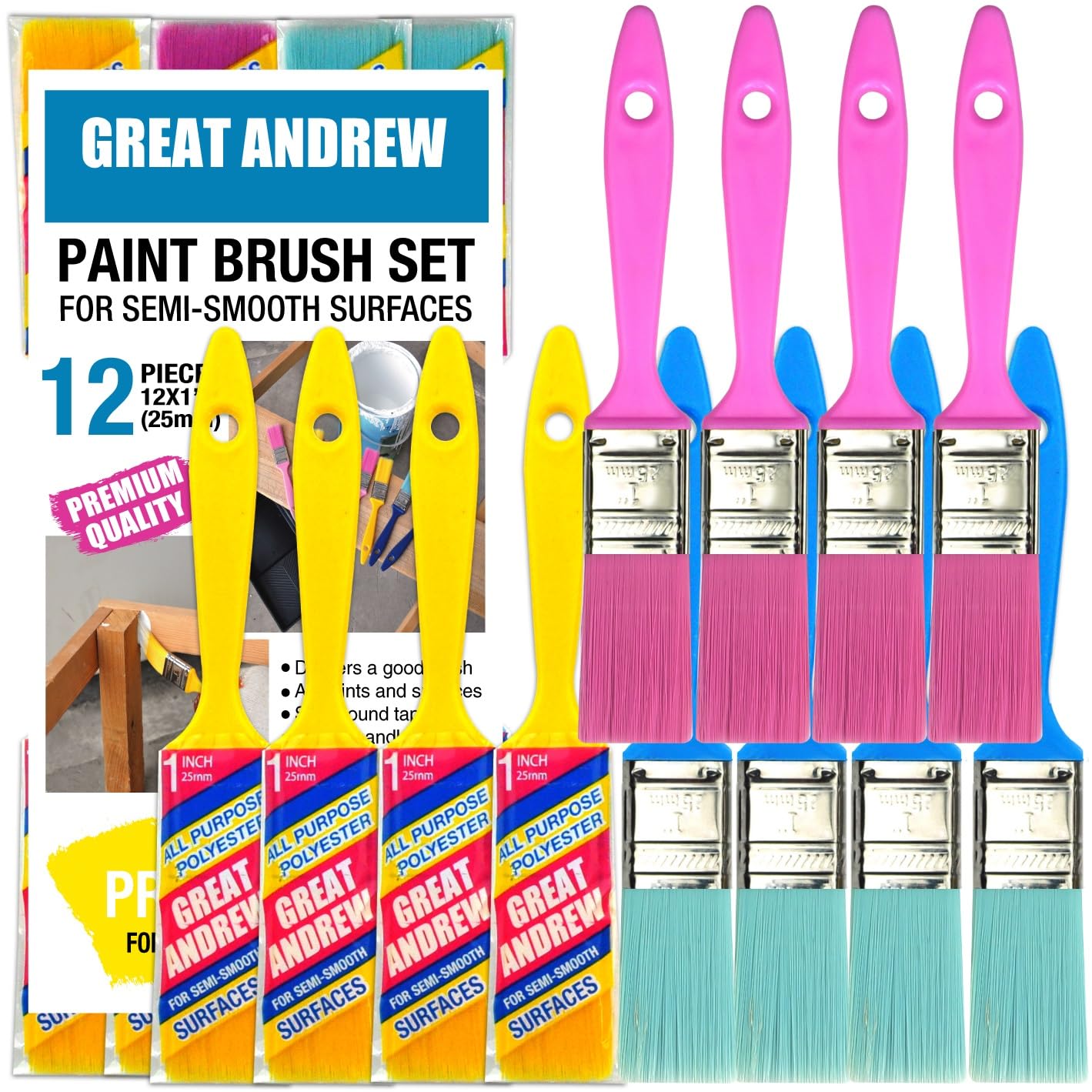 Great Andrew 12 PCS Small Paint Brushes1 Inch, Paint Brush for Painting Acrylic Oil Crafts DIY, Paint Brushes for Walls,Touch Up,Trim Painting Supplies