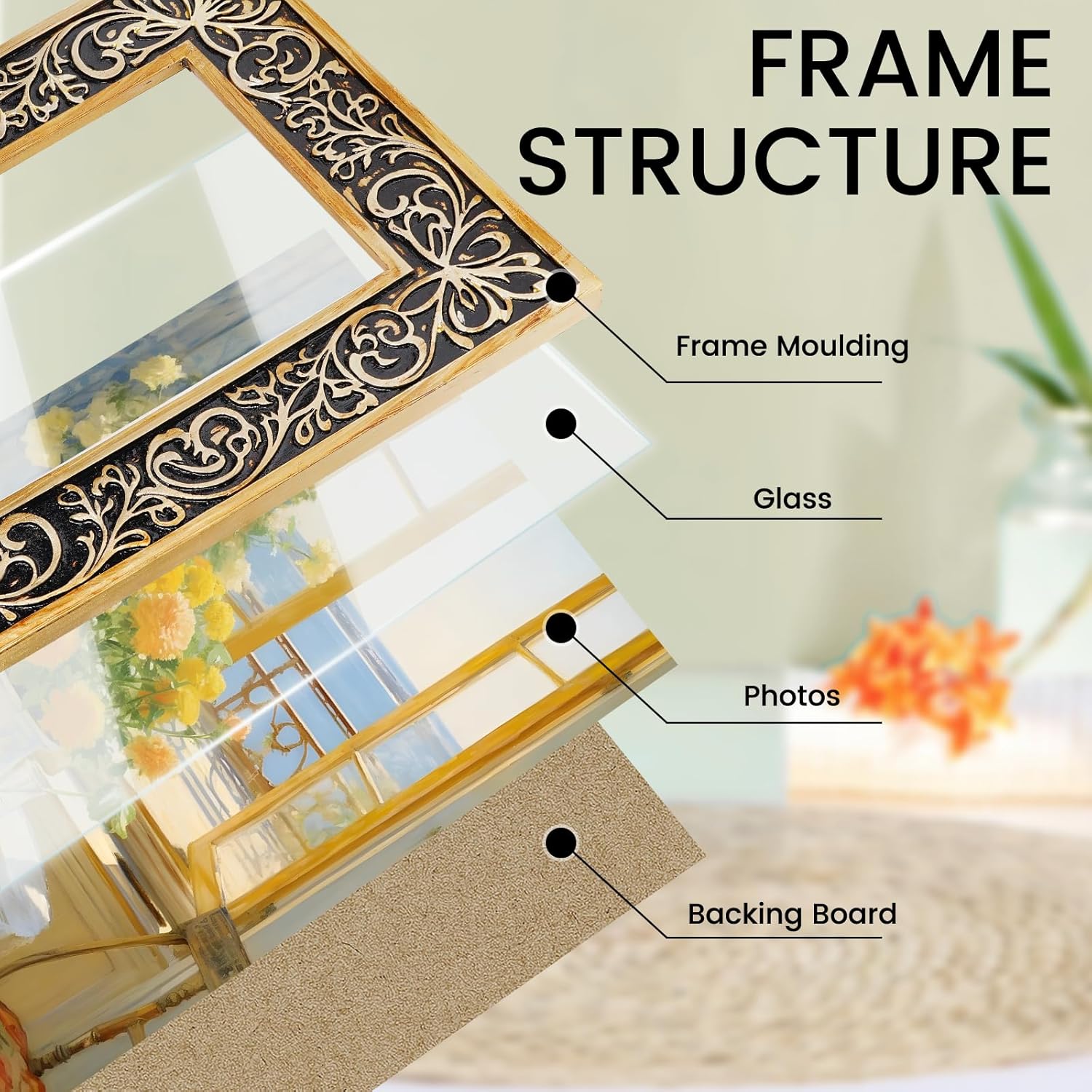 Vintage Picture Frame 5x7, Baroque Black Gold Floral Embossed Photo Frame, Antique Retro Photo Frames for Wall or Tabletop Display, Resin Old-Fashioned Picture Frames for Home Decor