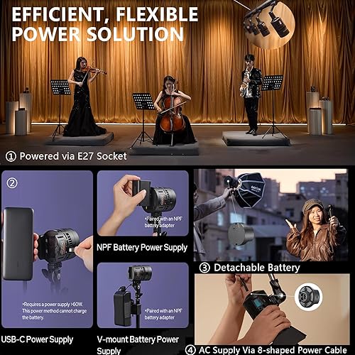 Miniatura 4 de Godox Kit de 2 luces LED RS60Bi de 60 W, iluminación continua LED bicolor de 60 W para fotografía de estudio al aire libre, grabación de video luces