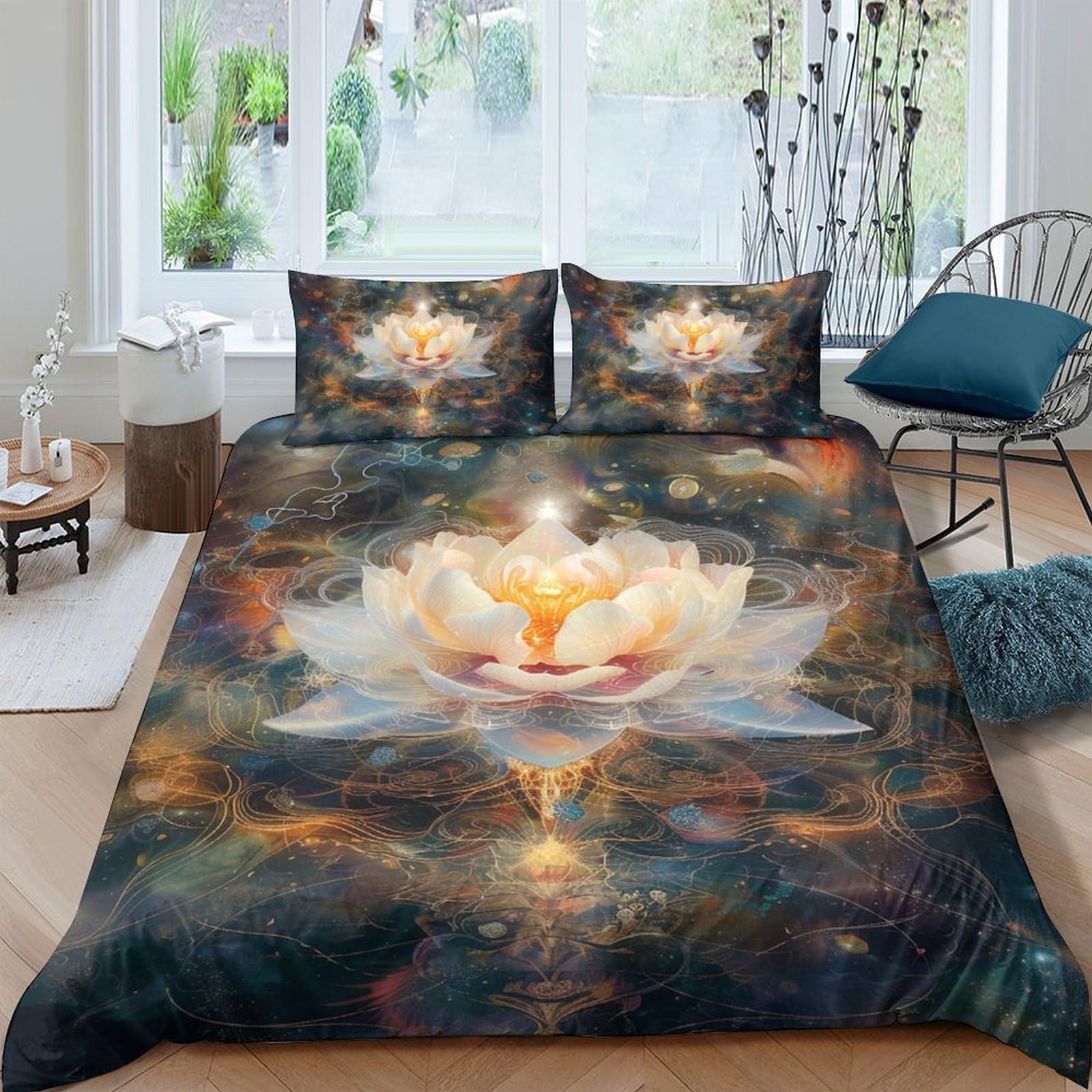 Ctjqhvkz Style-8 3D Printed Lotus Flower Fitted Sheet Microfiber Soft Artistic Water Reflection Bed Cover For Bedroom Guest Room Decor Single（135X200cm）
