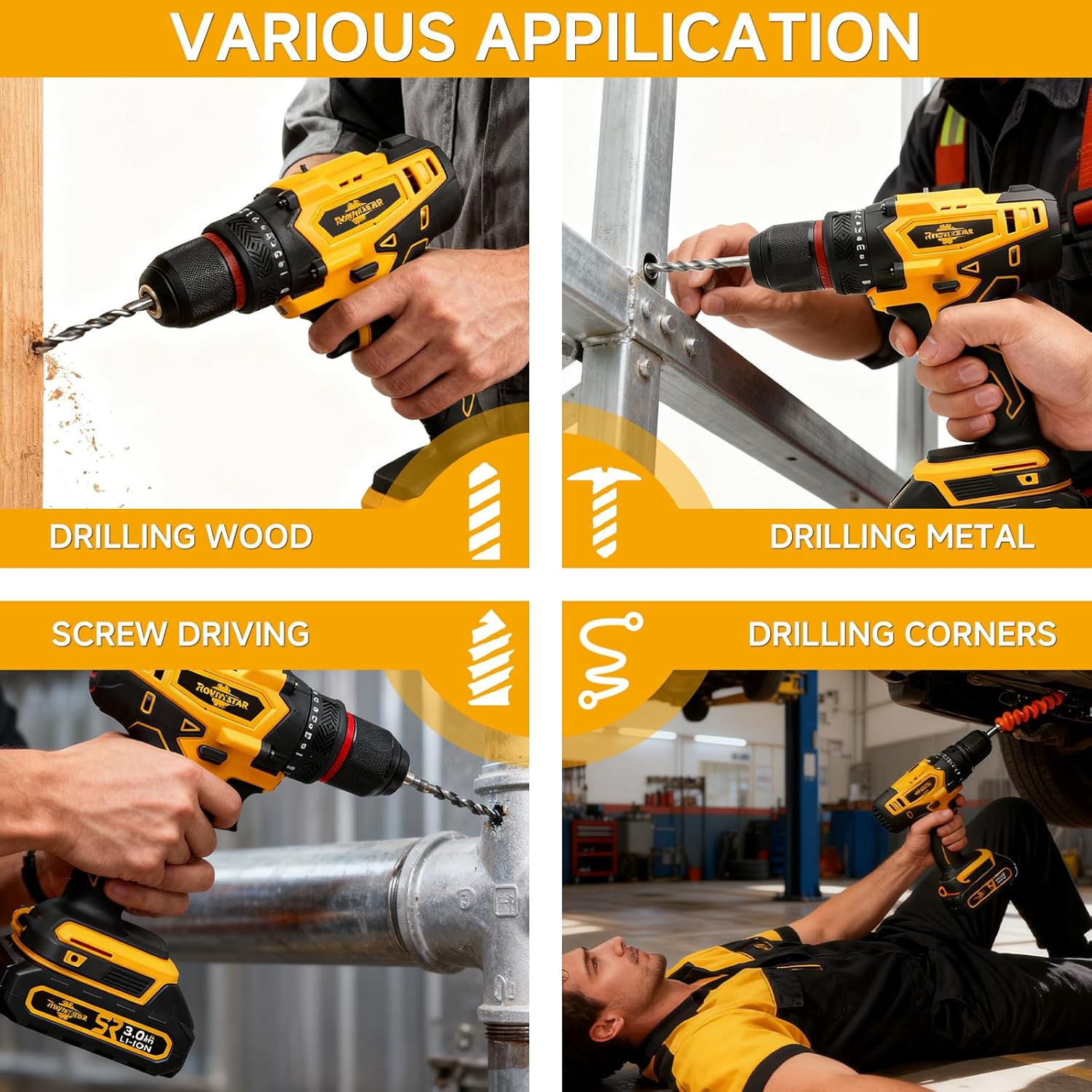 Rhovixster Taladro Inalámbrico Cordless Drill - 2 Speed 20V with 2 Battery and Fast Charger, 3/8-Inch Keyless Chuck, Power Drill Tool Kit for DIY, Home Repair, Wood & Metal Drilling (2x 3Ah Batteries)