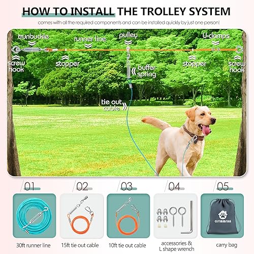 Miniatura 2 de Sistema de carrito profesional para perros de 30 pies, resistente y ajustable, con amarre de 10 y 15 pies para perros grandes de hasta 250 libras,