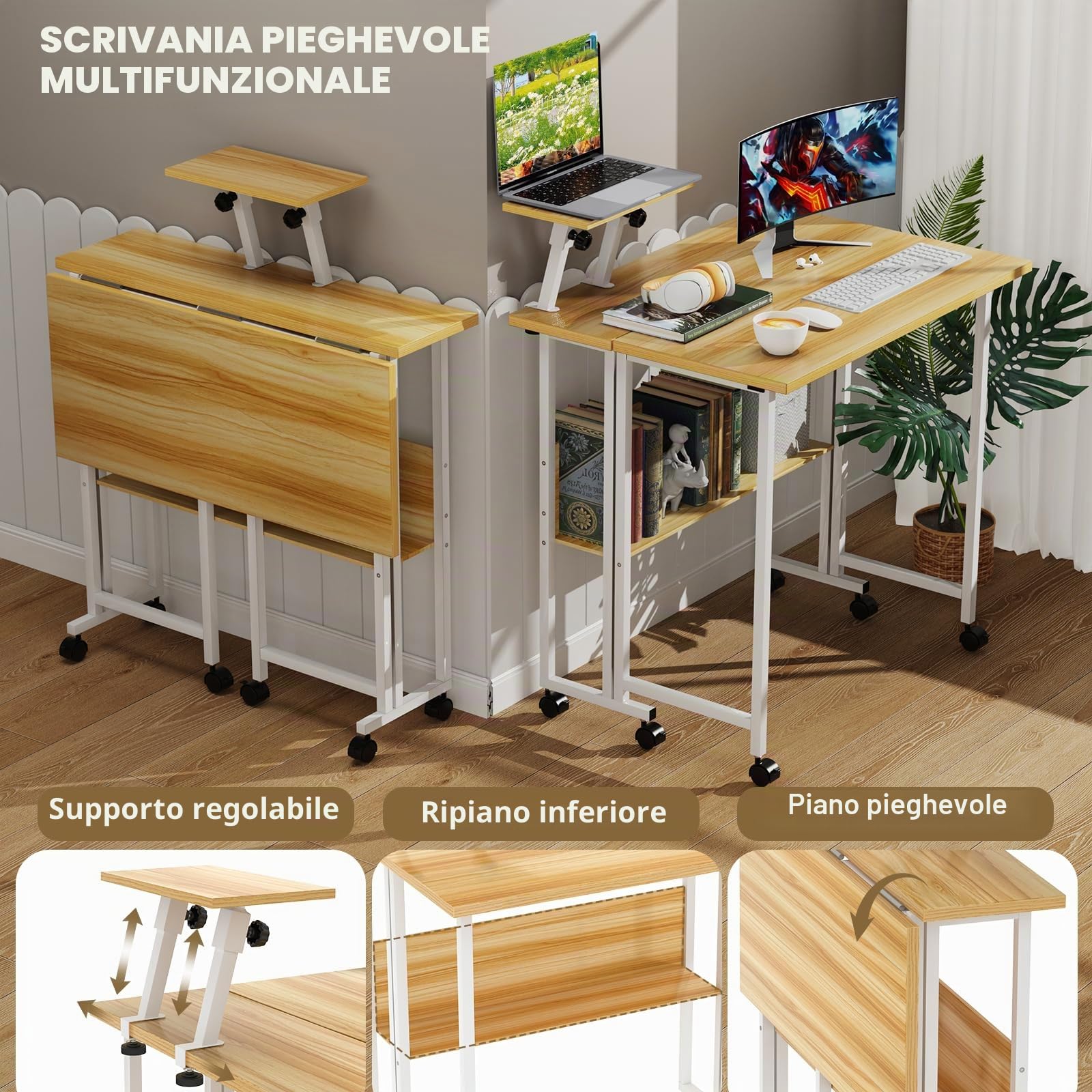 Scrivania pieghevole per computer con ruote, scrivania pieghevole con scaffali, salvaspazio, 80 x 58 x 75 cm, beige
