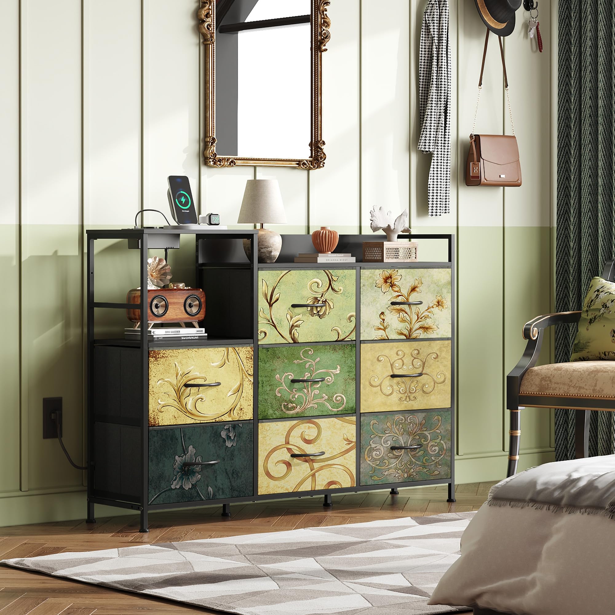 WLIVE 8 Kommode mit Schubladen, Stoffschubladen mit Auszügen, Bohemien | Kommoden & Sideboards mit LED und Ladestation