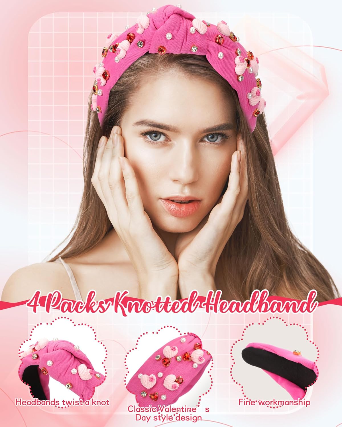 4 Pack Valentine's Day Knotted Headbands for Women - Pink Gemstone Fashion Headbands for Gift Party Head Accessories - Image 3