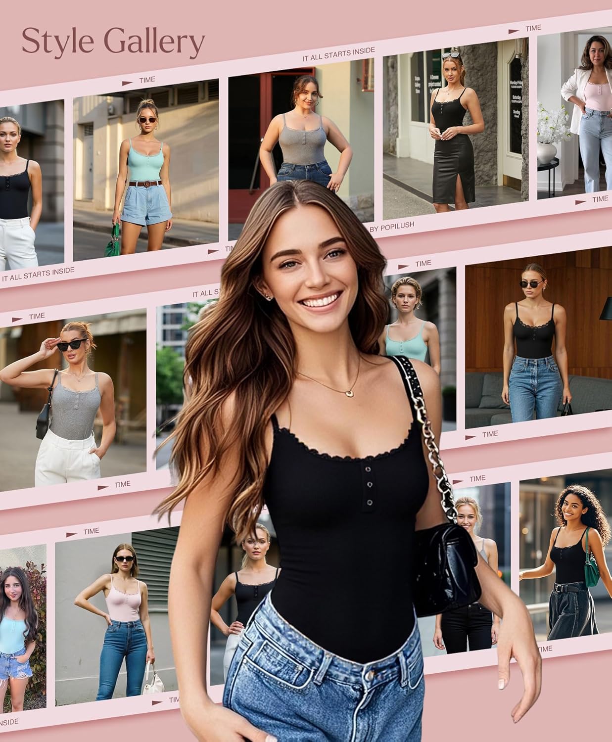 Popilush Lace Trimmed Bodysuits for Women - Soft Modal Camisole Tops Cute Thong Body Suits - 2025 Summer Trendy Tops - Image 5