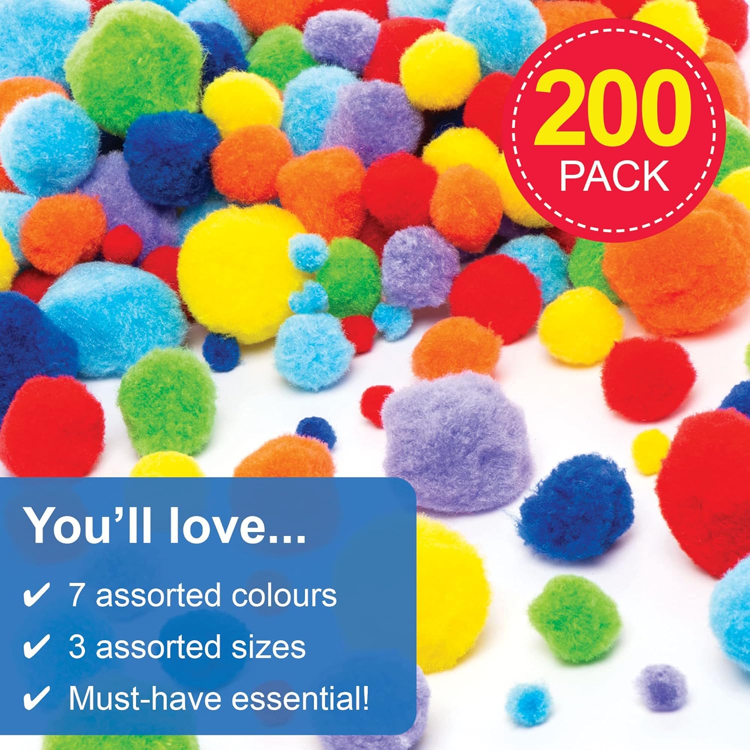 Baker Ross AW366 Rainbow Colors Pom Pom Value - Pack - Pack of 200, Craft Embellishments, Ideal for Winter Arts and Crafts Projects for Kids