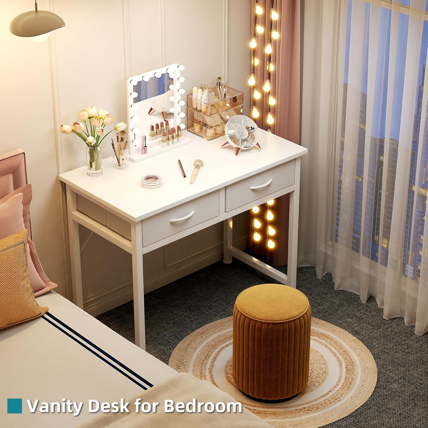 CAIYUN Small White Desk with Fabric Drawers for Bedroom, 31 Inch Home Office Desk with Side Pocket and Hook for Small Space, Makeup Vanity Desks Kid’s Desks to Writing Made of Wood and Metal, White - Image 2