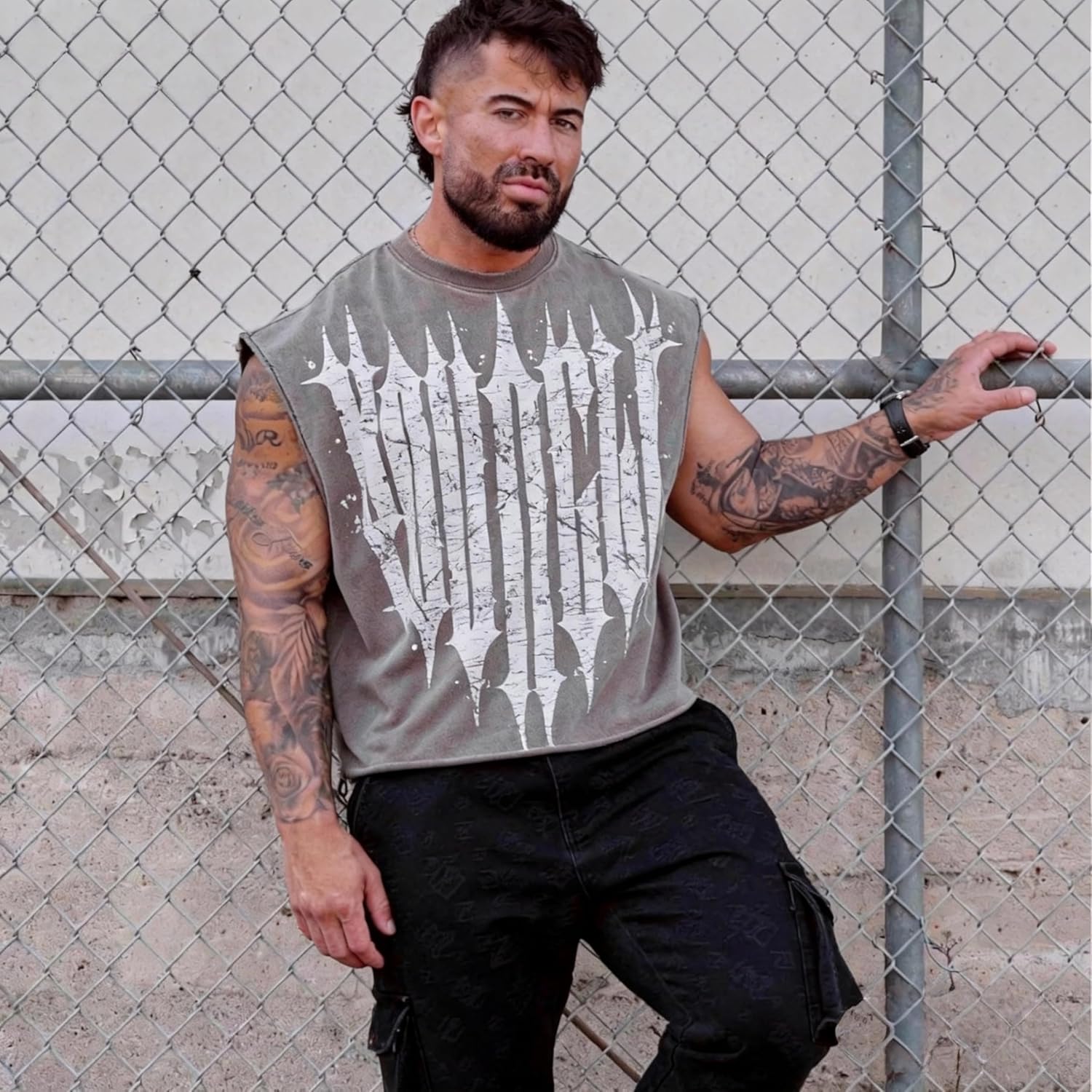 Men's Oversized Acid Wash Muscle Tank Top Cotton Heavyweight Back Graphic Sleeveless Gym Streetwear Tee