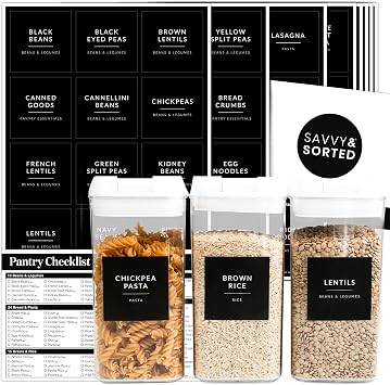 SAVVY & SORTED Black Labels for Containers, 180 Kitchen Labels for Food Storage Container, Pantry Labels for Food Storage, Organize Pantry Essentials Canister Label