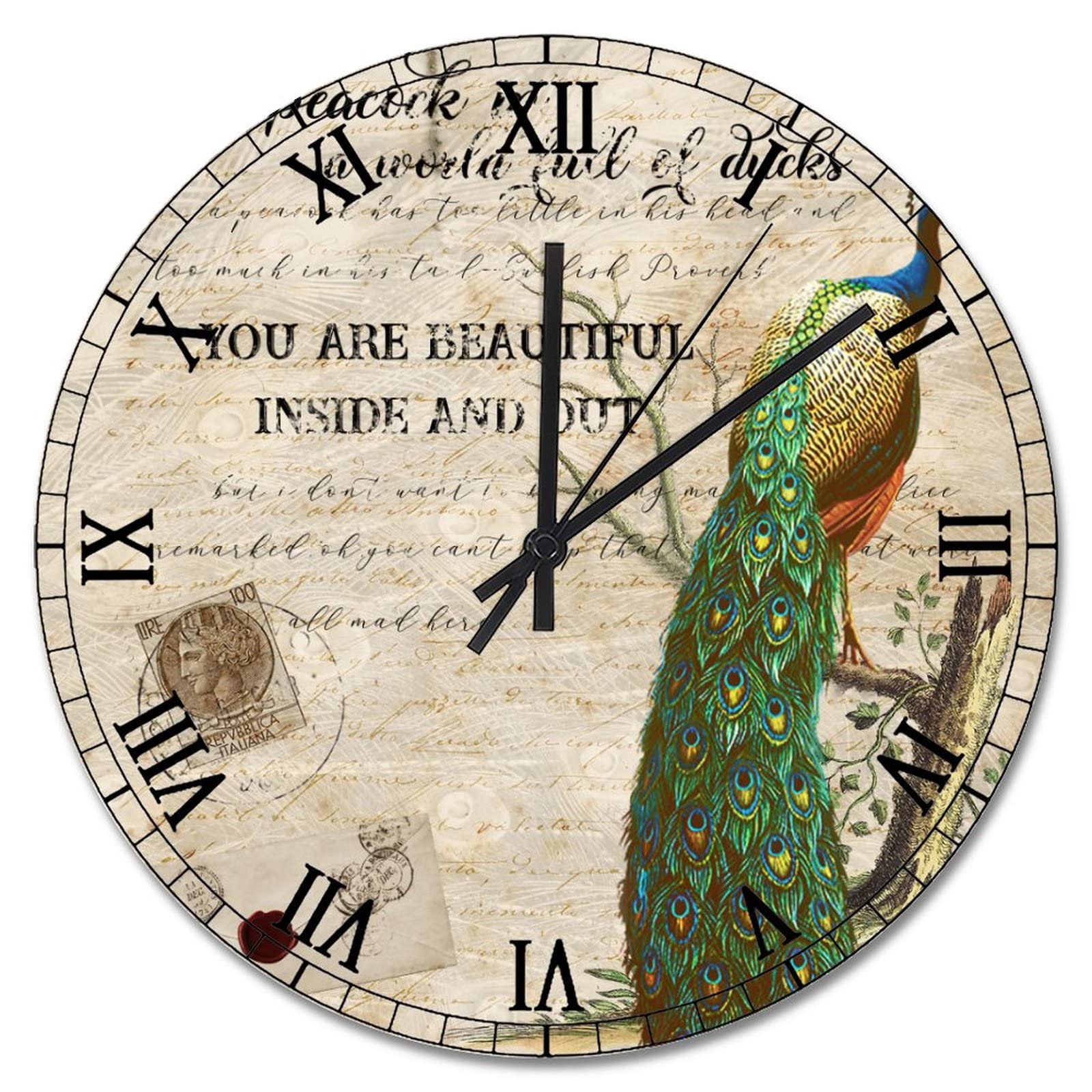 Horloge murale en bois paon rustique de 38cm pour decoration de salon
