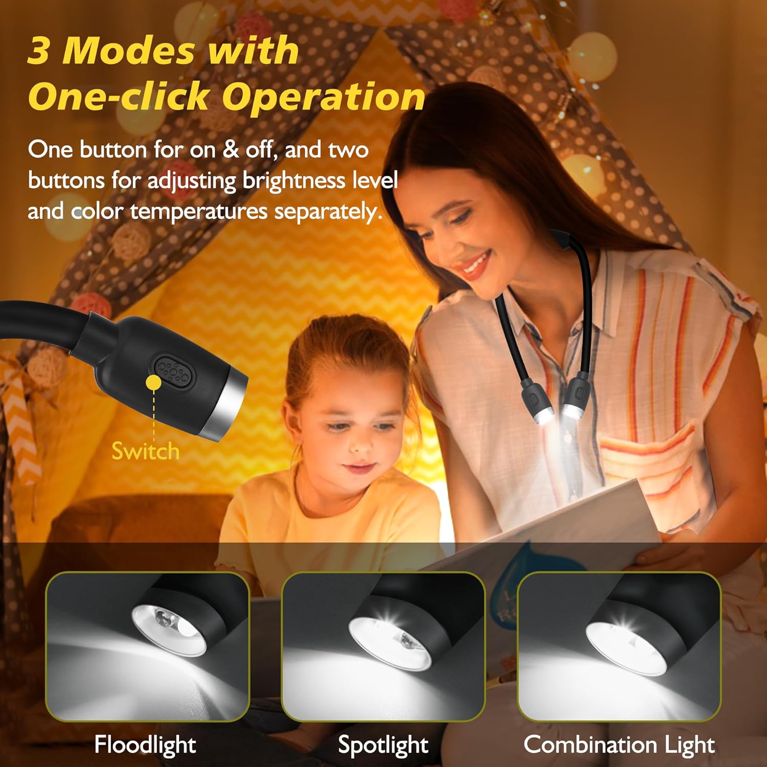 LEDGLE Updated Neck Light for Reading Books in Bed, LED Neck Lamp for Knitting with 1600K 3500K 6000KLighting + Flexible Comfortable Soft Silicone Arms, Perfect for Craft, Knitting, Repairing (Black)