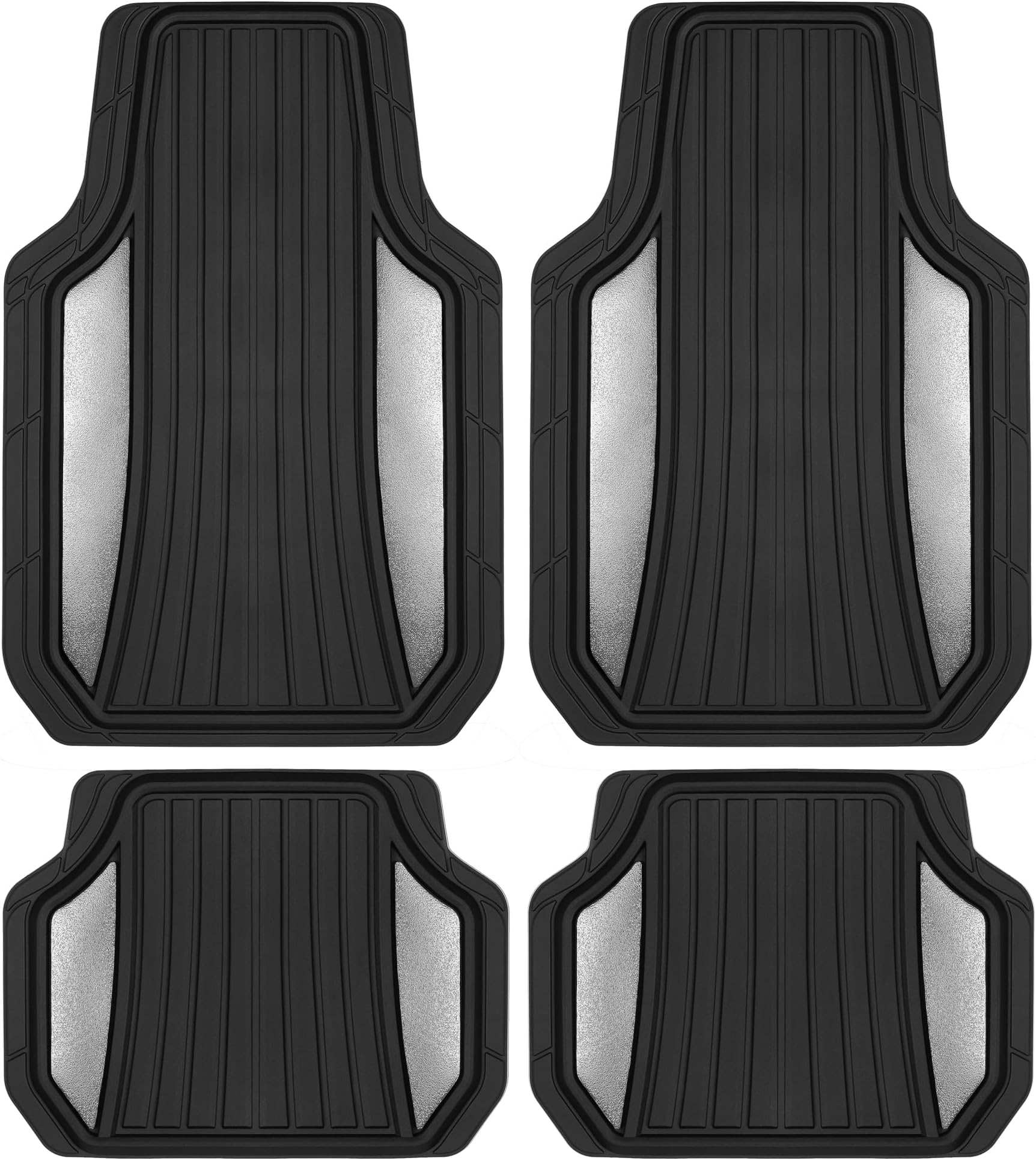 ChromeTech Car Floor Mats Full Set - Durable Rubber Floor Mats for Cars with Two Tone Accent, All Weather Interior Protection for Front and Rear with Non-Slip Backing, Silver Chrome