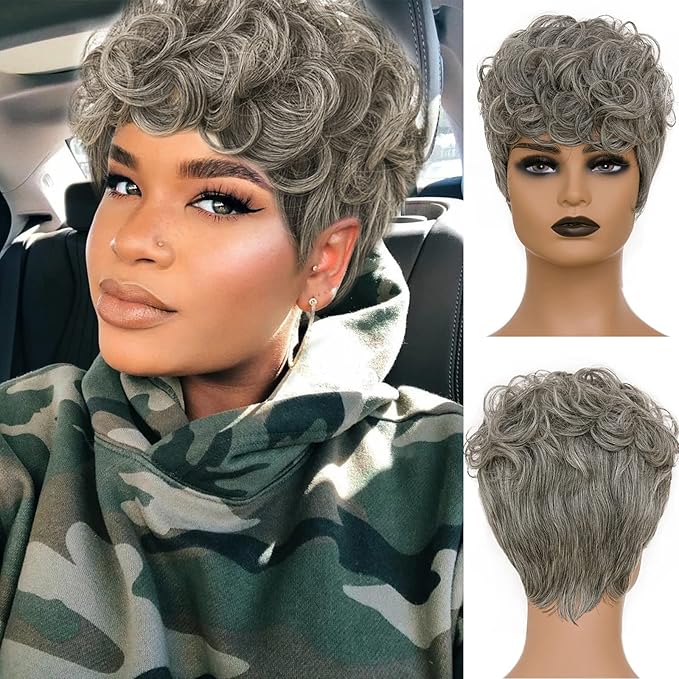 BOBCOO Short Grey Curly Wigs for black Women Soft