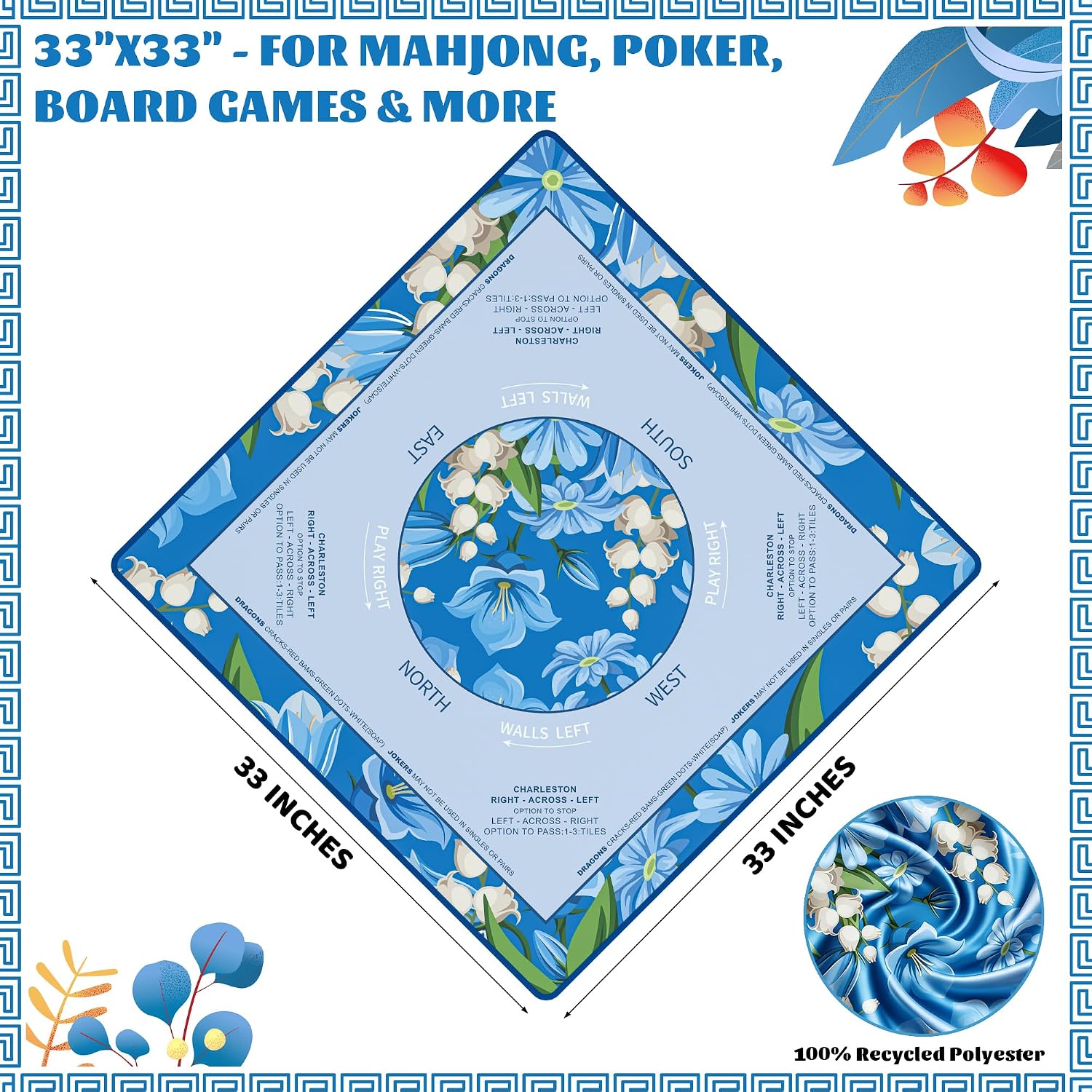 Mahjong Mat - 33x33 Inch Multi-Game Mat with Carrying Case Waterproof Anti-Slip Surface & Noise Reduction for Mahjong, Poker, Board and Tile Games