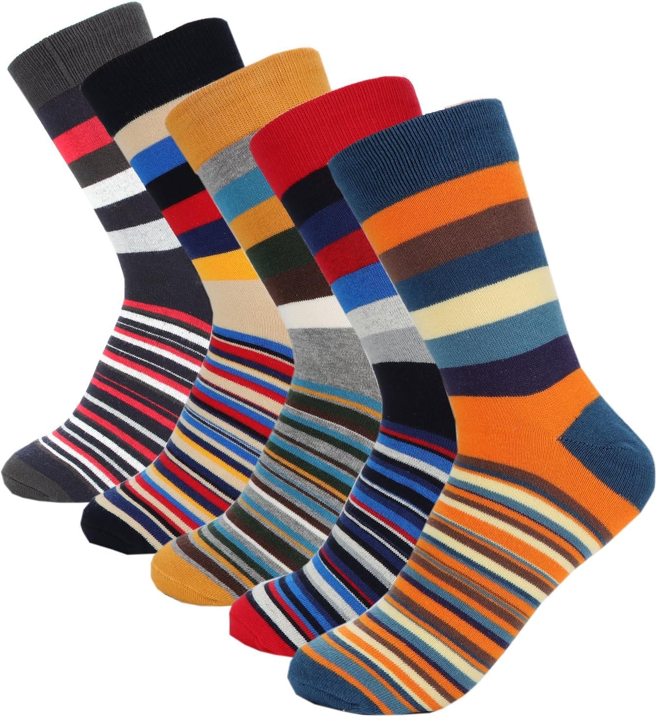 Ivalia Men's 5-pairs Colorful Argyle Striped Pattern Long Dress Crew Socks For Business Casual