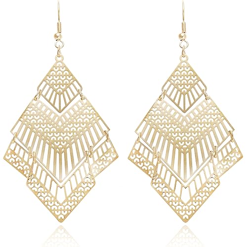 Boho Geometric Filigree Rhombus Shape Tiered Dangle Drop Statement Earrings